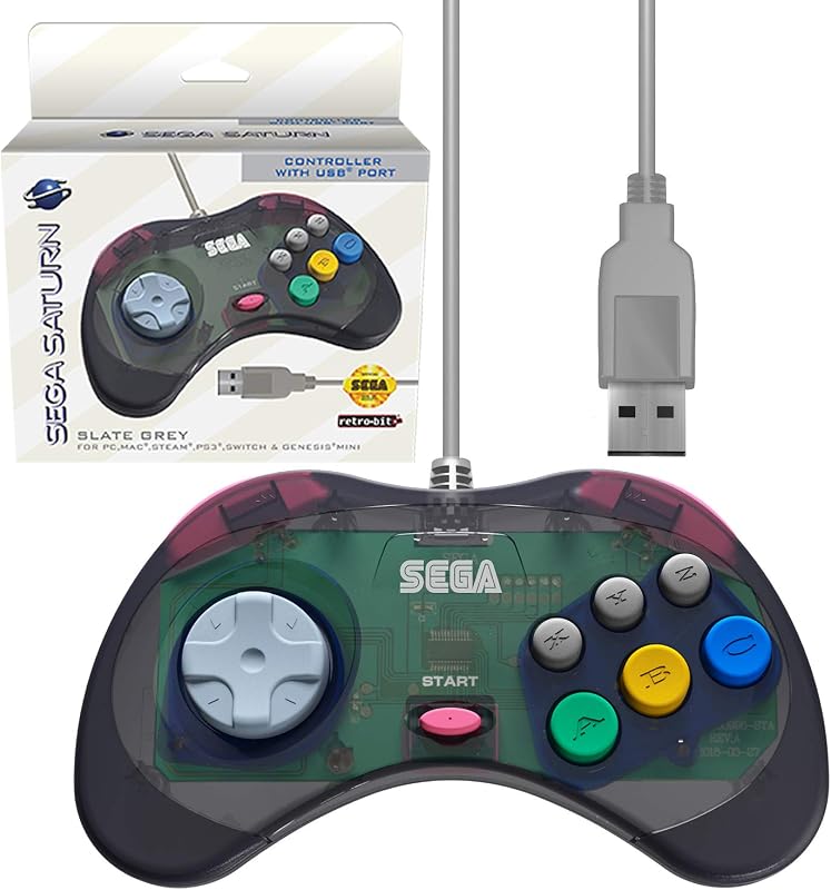 Retro-Bit Official Sega Saturn USB Controller Pad for Sega Genesis Mini, PC, Mac, Steam, Switch - USB Port (Slate Gray)