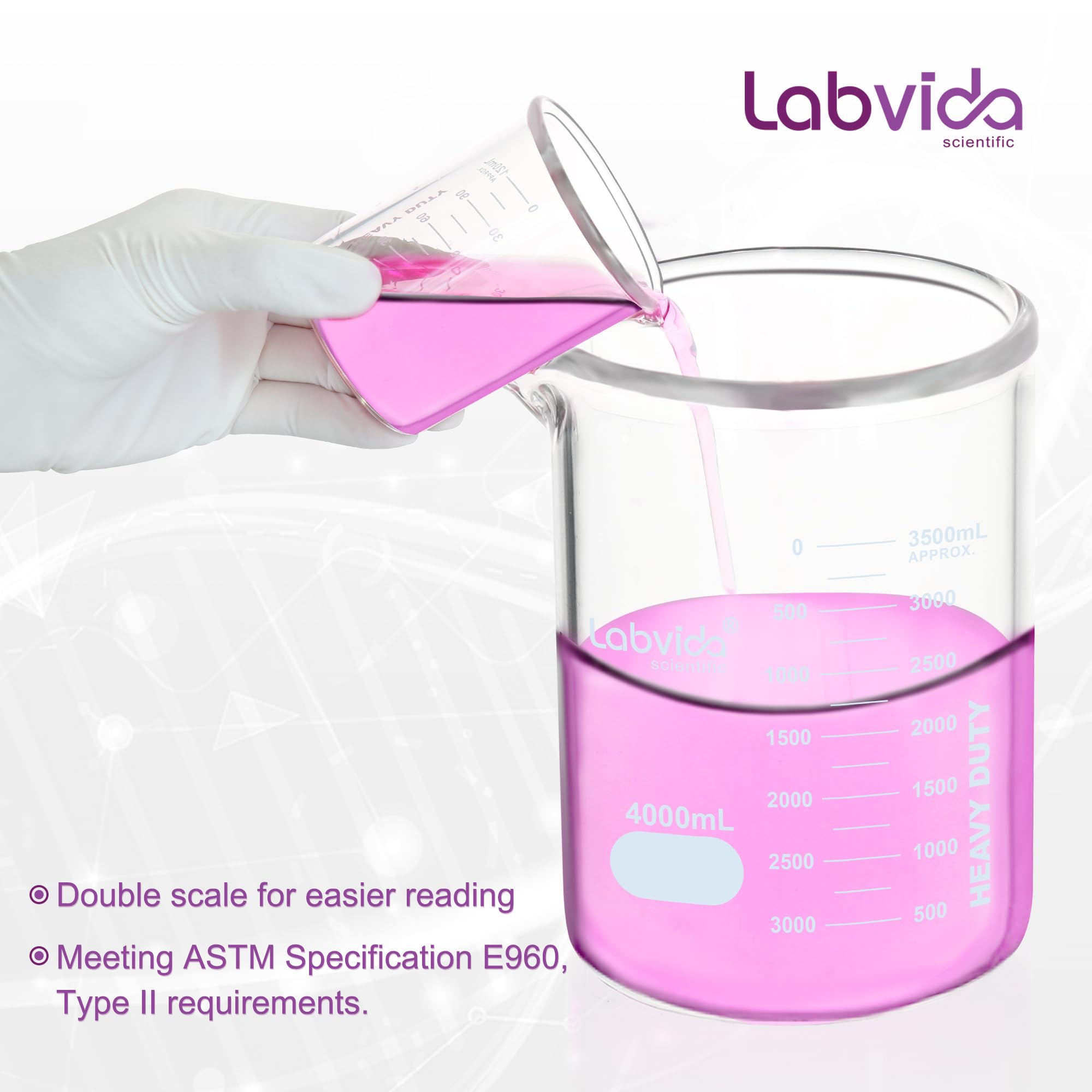 Robuste Glasbecher, Vol.4000 ml, dickwandig, 3,3 Boro-Griffin, niedrige Form mit doppelter Skala, bedruckter Graduierung für Labor, Industrie, Schulen und Zuhause, LVAC016