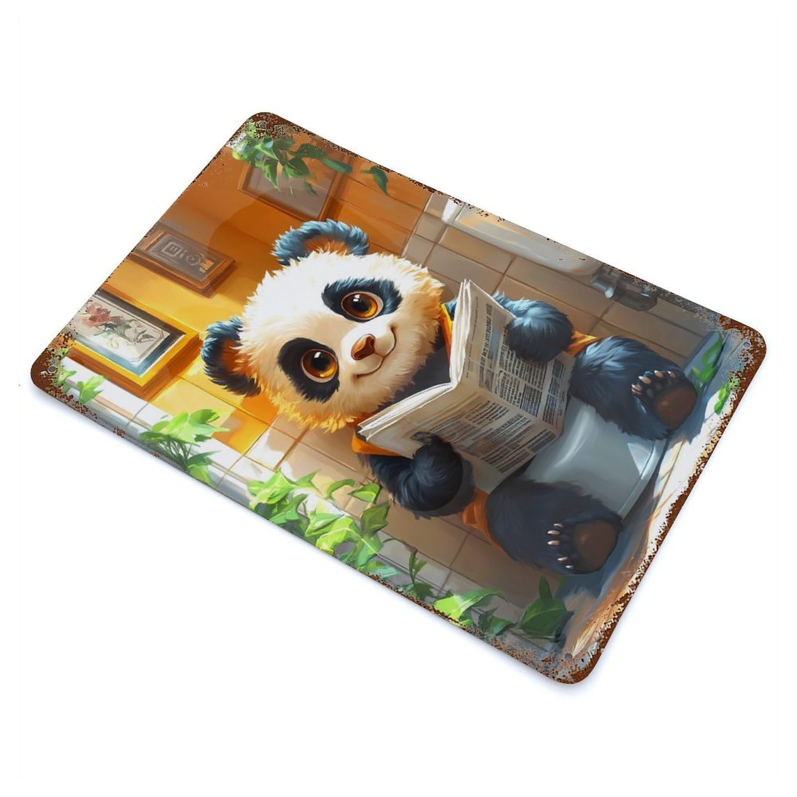 Panda Reading Newspaper on Toilet 11.8"x7.9" Aged Metal Wall Plaque, Retro Wall Decor for Farmhouse, Kitchen And Entryway Decor