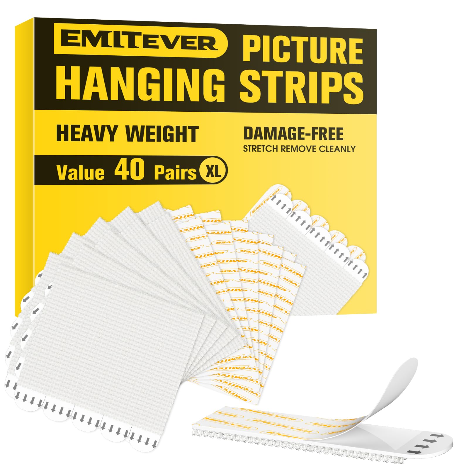 Emitever Picture Hanging Strips 40 Pairs (80 Strips, XL) Holds Up to 7.2 kg, Wall Stickers for Picture Hanging, No Nails Damage-Free Frame Poster Hangers for Frames Signs Home Decor White