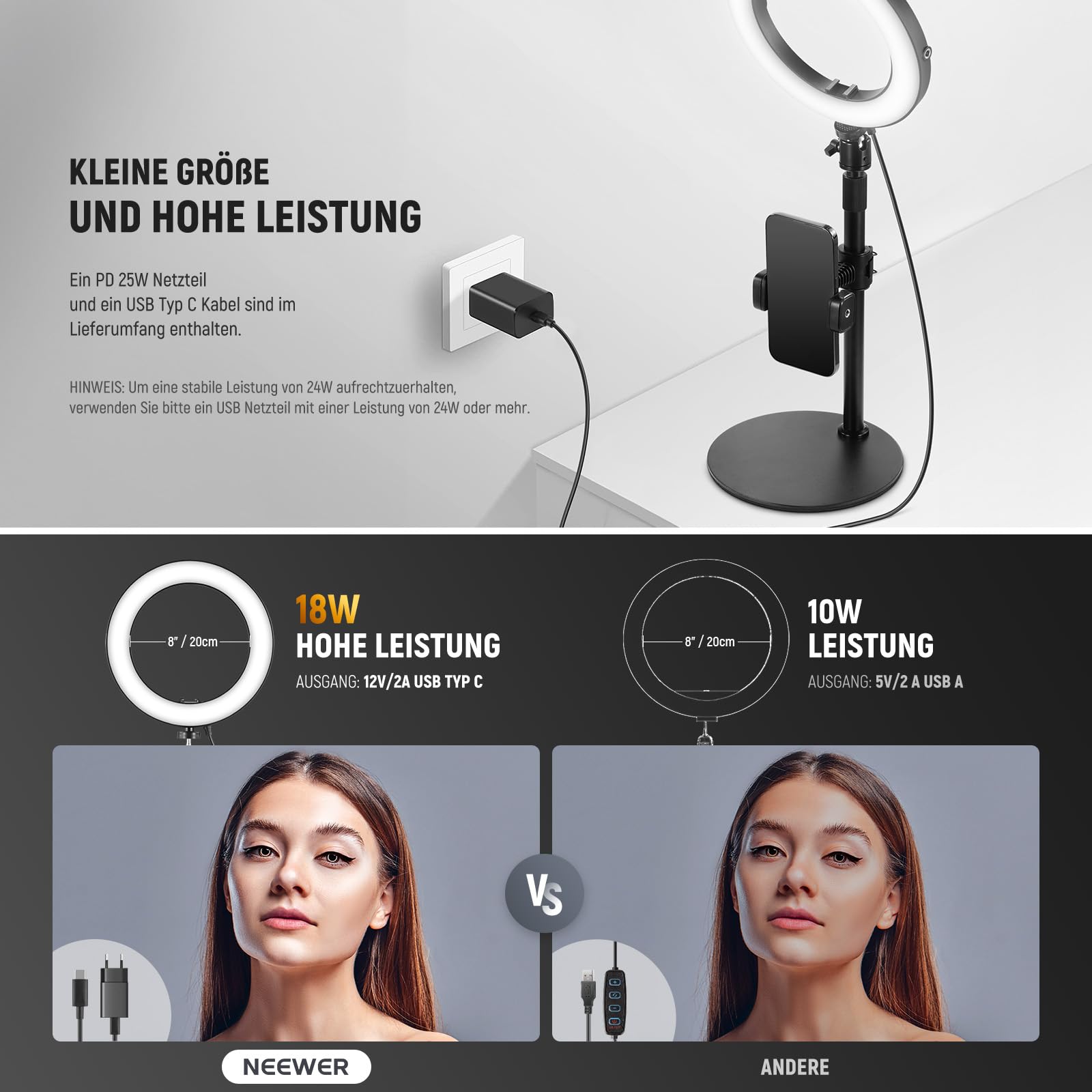 NEEWER 8" Tisch Ringlicht 18W Stark Leistung mit Ständer & Handyhalter, Circle Selfie Ring Licht kompatibel mit iPhone Streaming Vlog, Videokonferenz Videolicht Set für Laptop Computer Zoom Call, RH8B