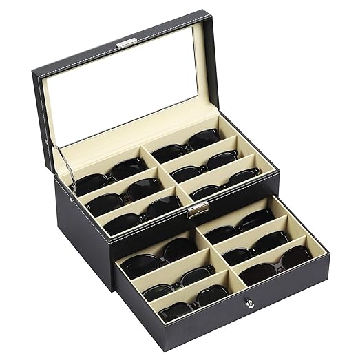 AUTOARK Leather 12 Piece Eyeglasses Storage and Sunglass Glasses Display Drawer Lockable Case Organizer,Black,AW-023