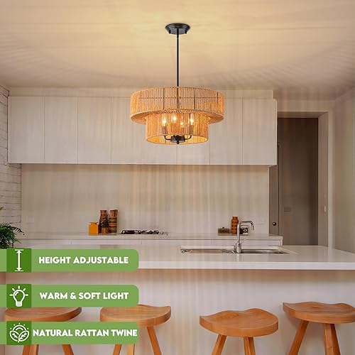 Miniatura 14 de Lámpara de ratán estilo bohemio, lámpara de techo de ratán empotrada, lámpara de techo tejida pequeña de madera, candelabro de ratán