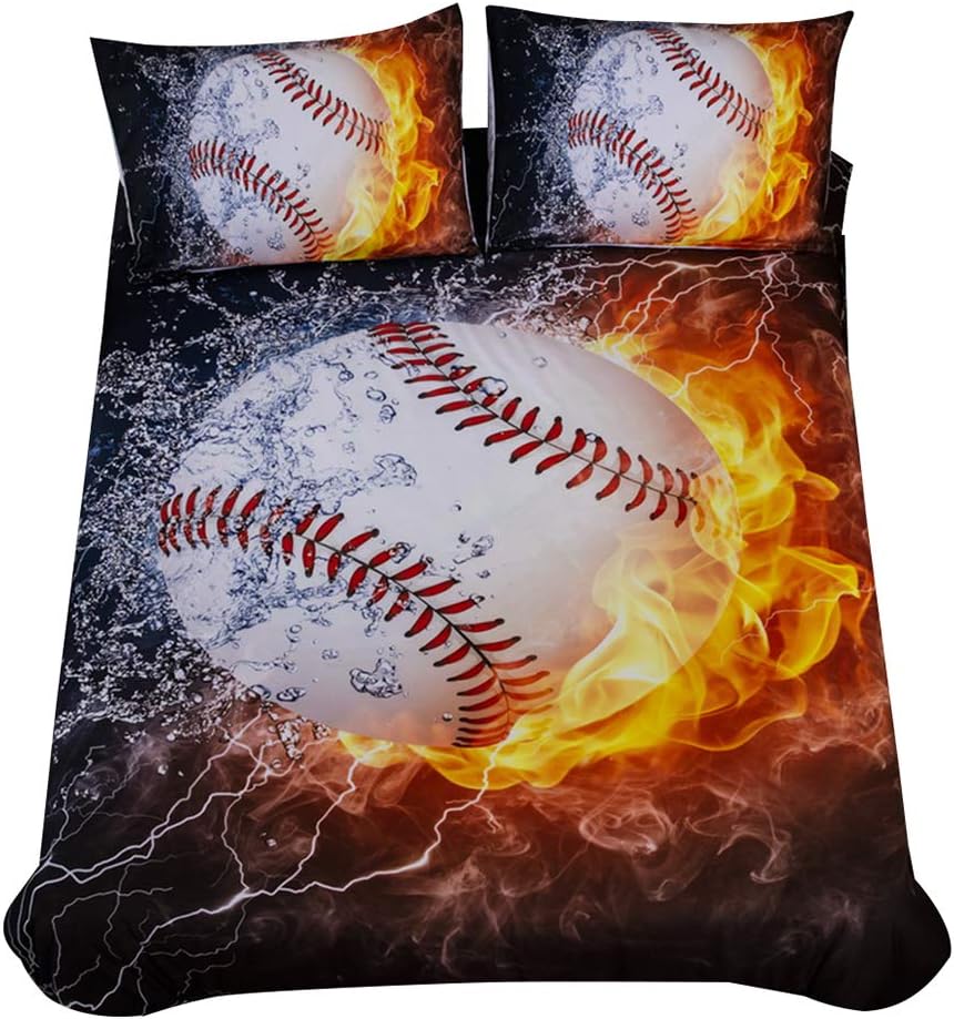 GiveUWant 3D Sports Baseball Microfiber Duvet Cover Queen(90x90 Inch), 3 Pieces (2 Pillowcases, 1 Duvet Cover) 3D Baseball Bedding Set, Soft Sports Comforter Cover (No Comforter) for Boys, Kids, Teens