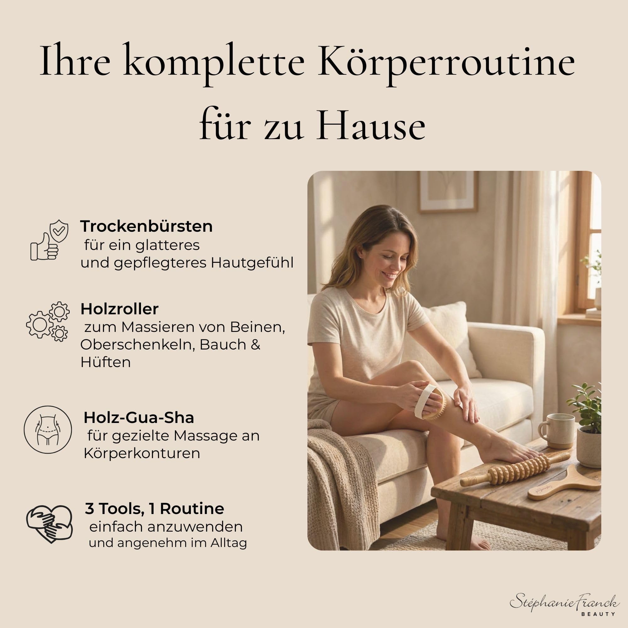 Maderotherapie Set aus Holz, 3-teilig mit Roller, Körper Gua Sha und Trockenbürste für eine einfache Körperpflege-Routine zuhause