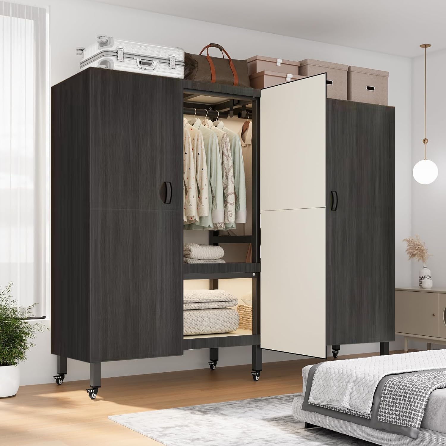 Heavy Duty Covered Clothes Rack with Magnetic Door Foldable Portable Wardrobe Closet for Hanging Clothing Rolling Black Metal Garment Rack on Wheels Closet System (Black, 66.3in/168cm)