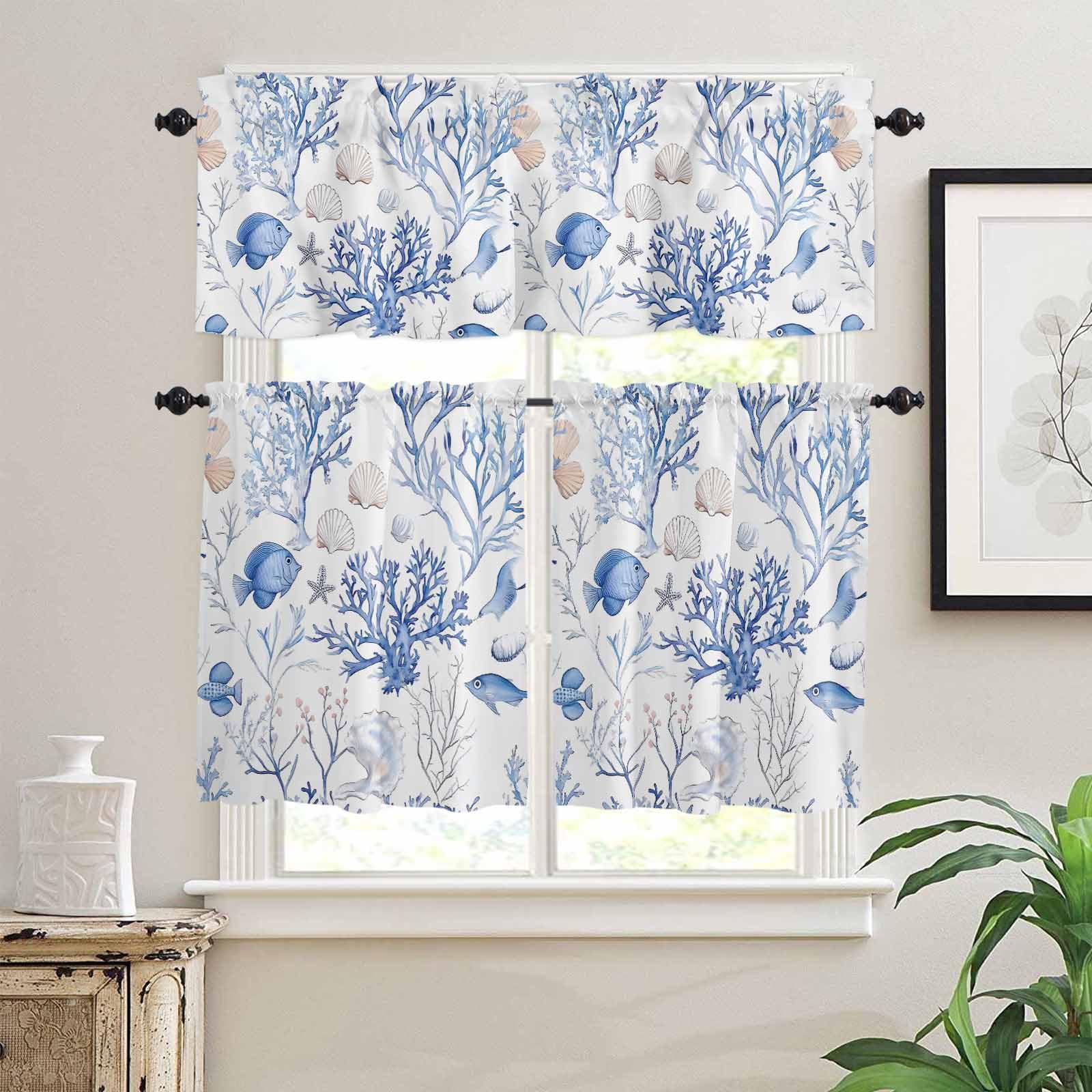 Blue Coastal Kitchen Curtains 36 Inch Length, 3 Piece Rod Pocket Small Half Tiers and Valance Set, Summer Ocean Fish Shell Small Large Window Treatment Decor for Bedroom/Bathroom Sink