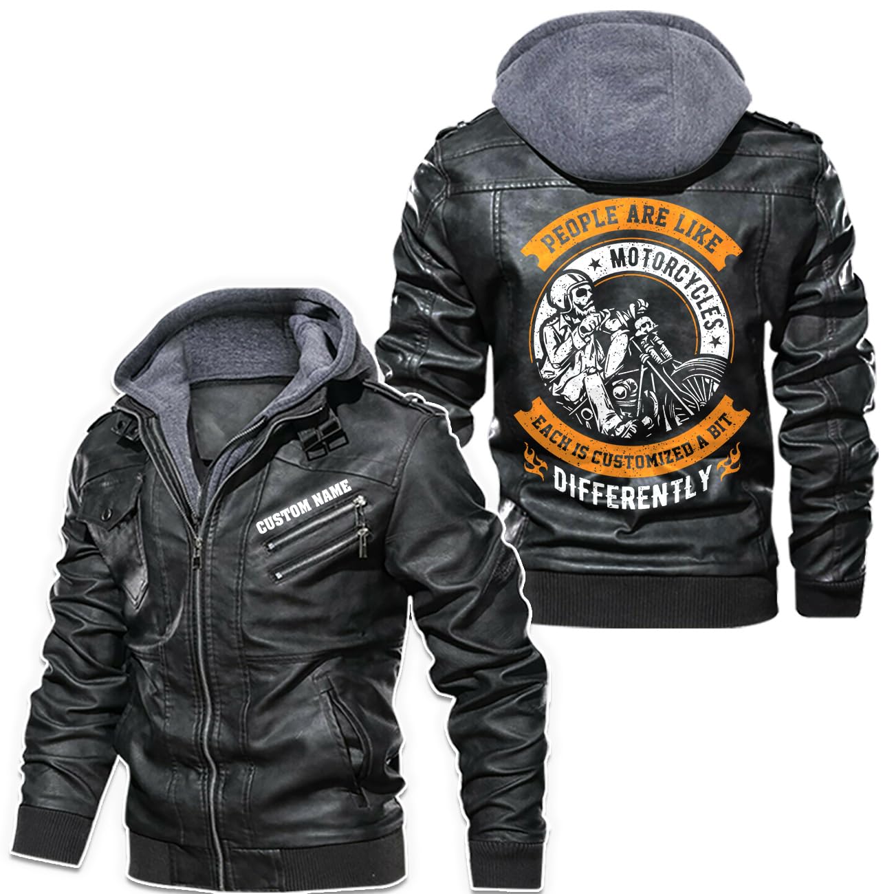 orealexpress Bike Grandpa Motorcycle Rider Retirement Gift Papa Biker Personalized Mens PU Leather Coat Custom Motorcycle Jacket Removable Hood Black