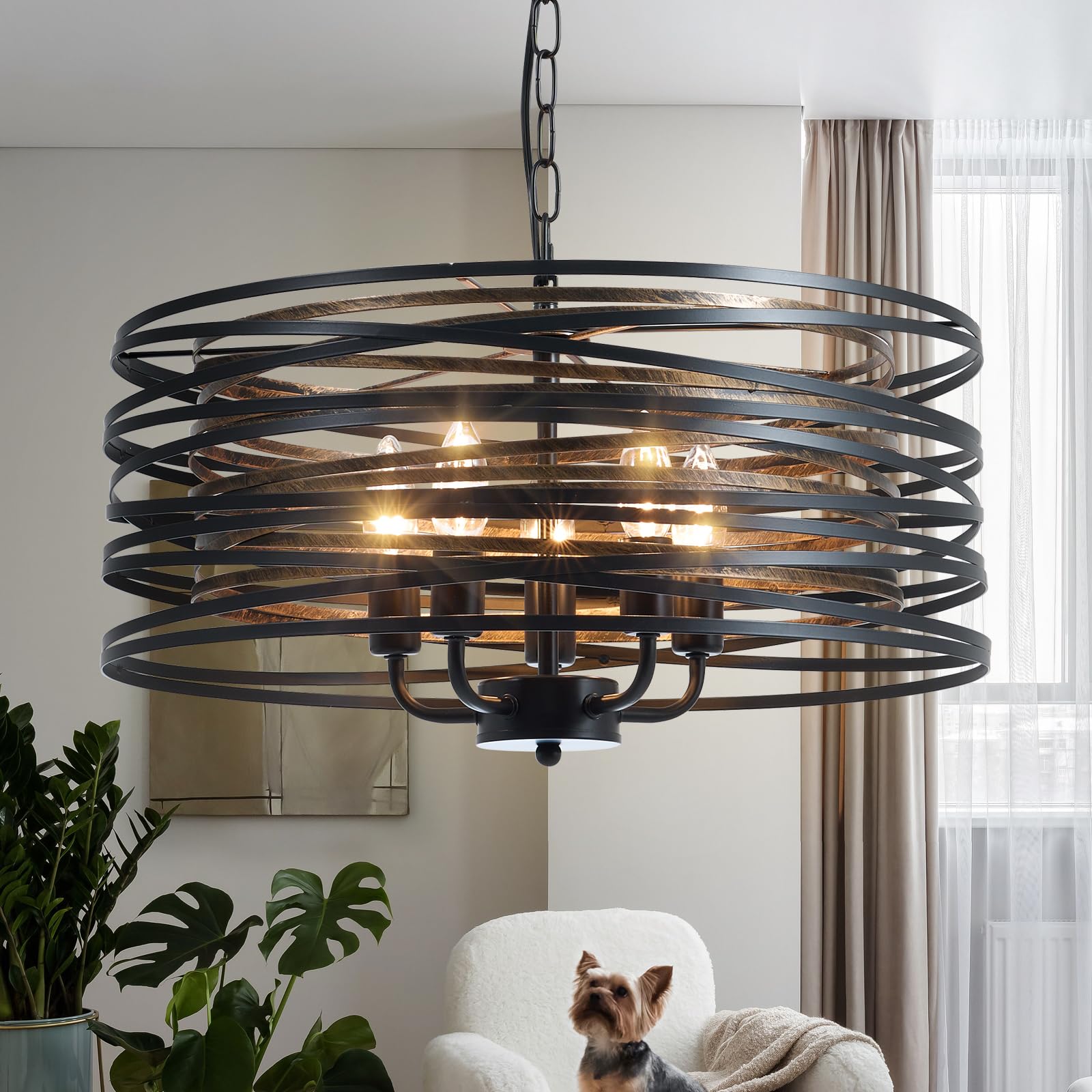 SHANSRUI Black Farmhouse Chandelier 5 Lights 19.68" W Spiral Pendant Light Fixture Vintage Ceiling Hanging Light Industrial Metal Drum Chandeliers for