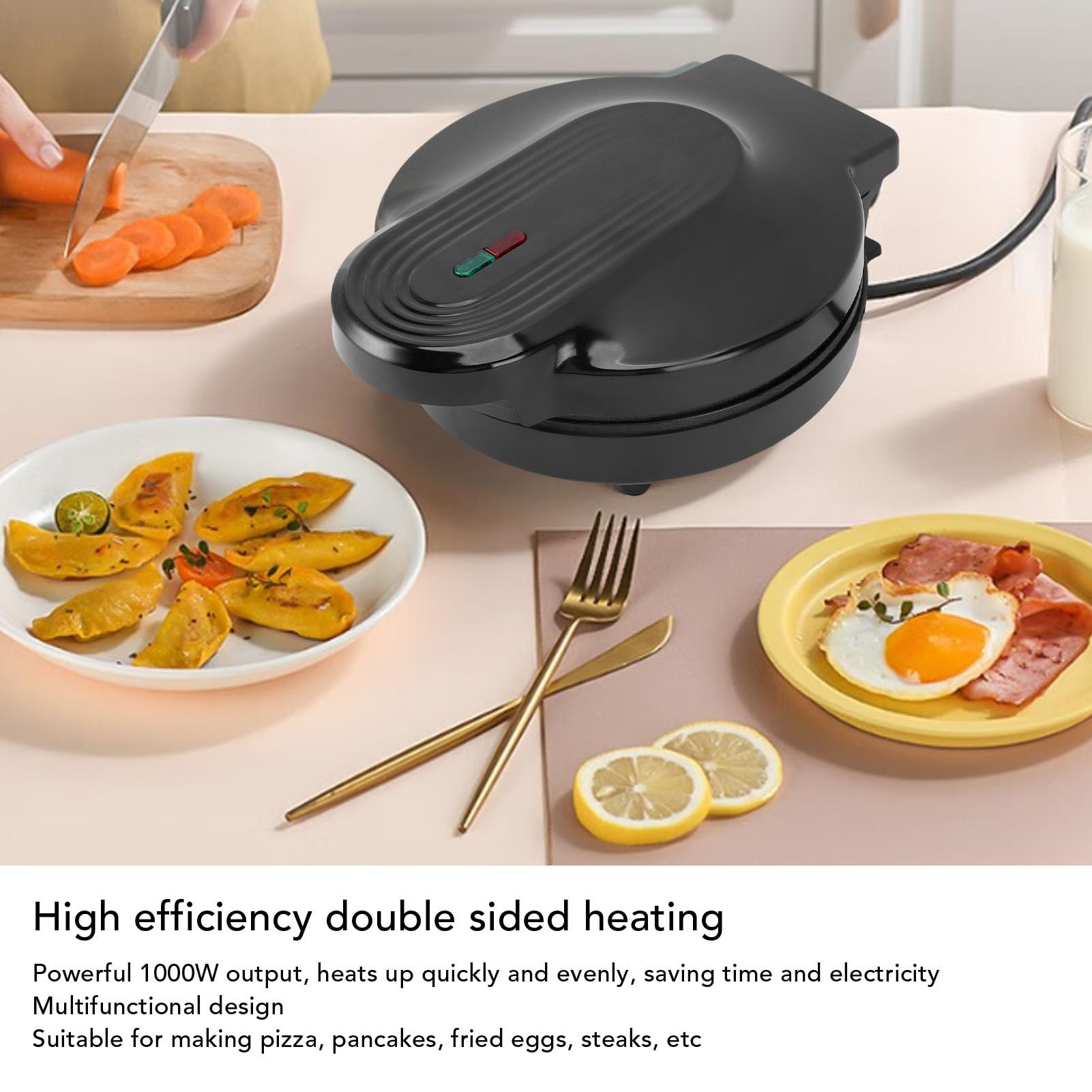 Plancha eléctrica redonda de 1000 W, máquina de pizza con calefacción de doble cara con placa de cocción antiadherente de 6.89 pulgadas, máquina de quesadilla para hacer pizza, panqueques 2