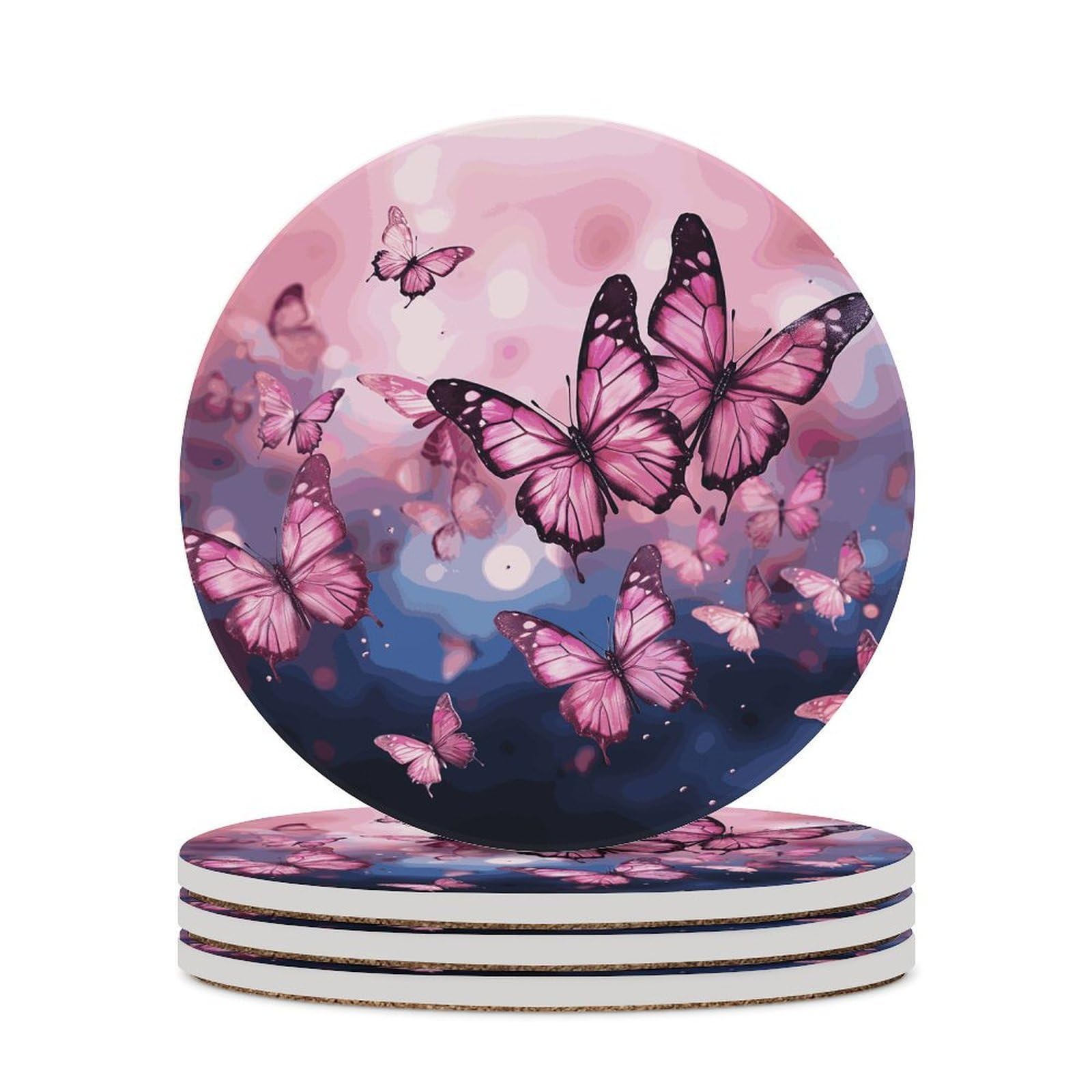 Dessous de verre absorbants en céramique rose et liège motif papillon pour table