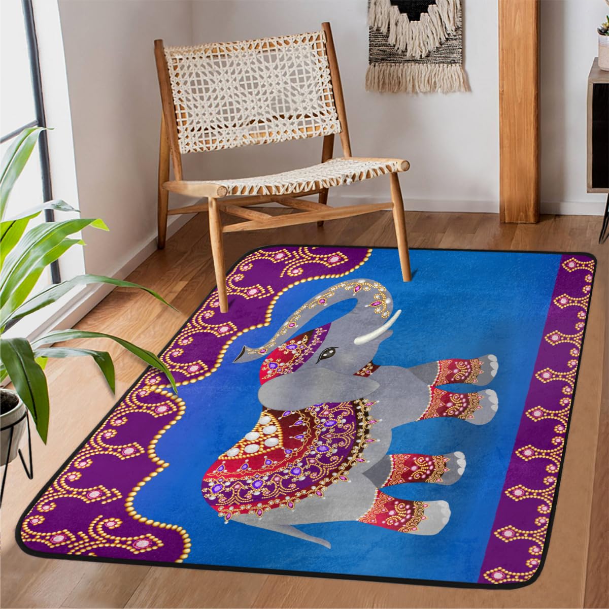 Grand tapis ethnique éléphant indien de salon chambre enfant lavable 122x160