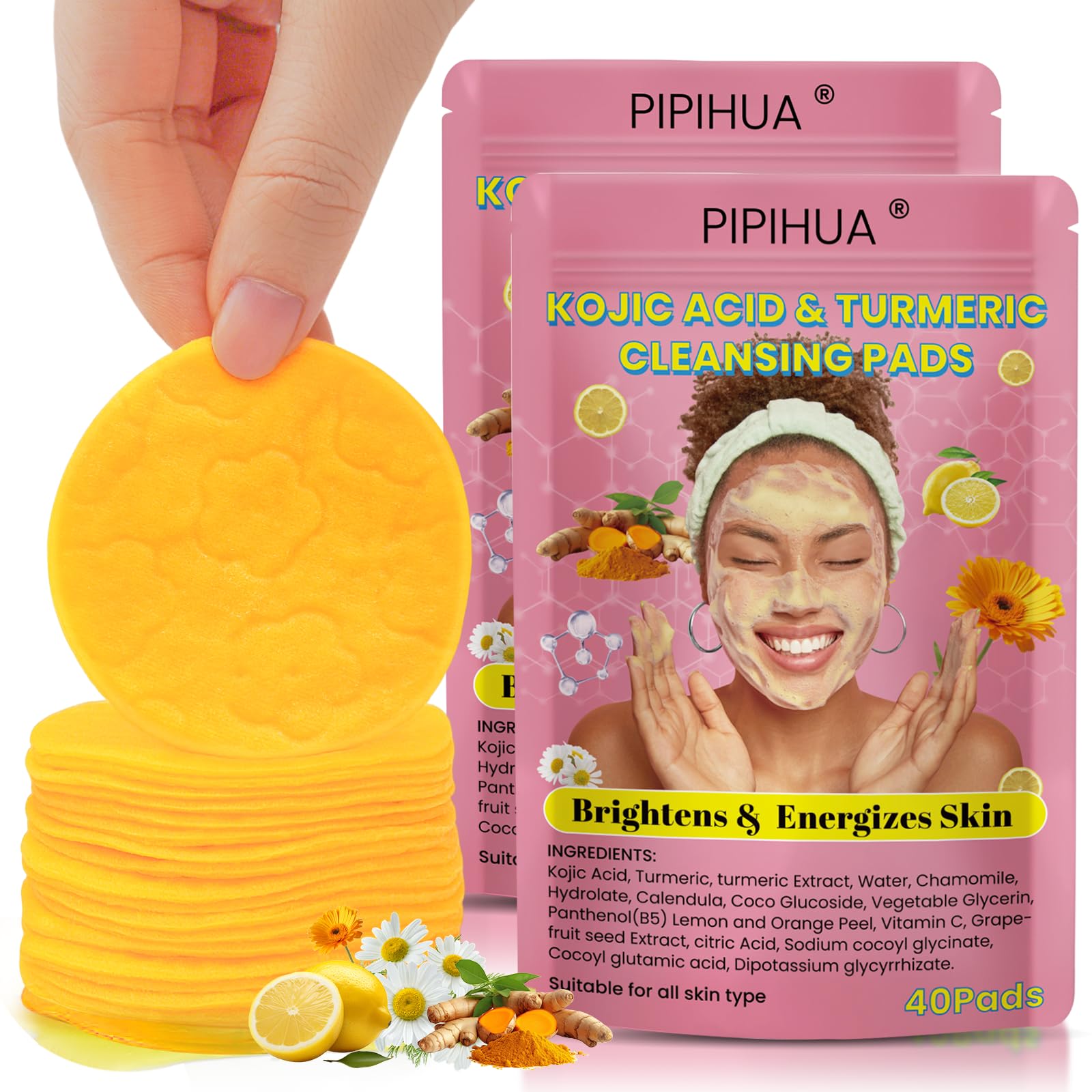 PIPIHUA Turmeric Kojic Acid Cleansing Pads: Turmeric Cleansing Pad for Dark Spots - Kojic Acid Exfoliating Face Scrub Pads for Face and Body (80PCS)