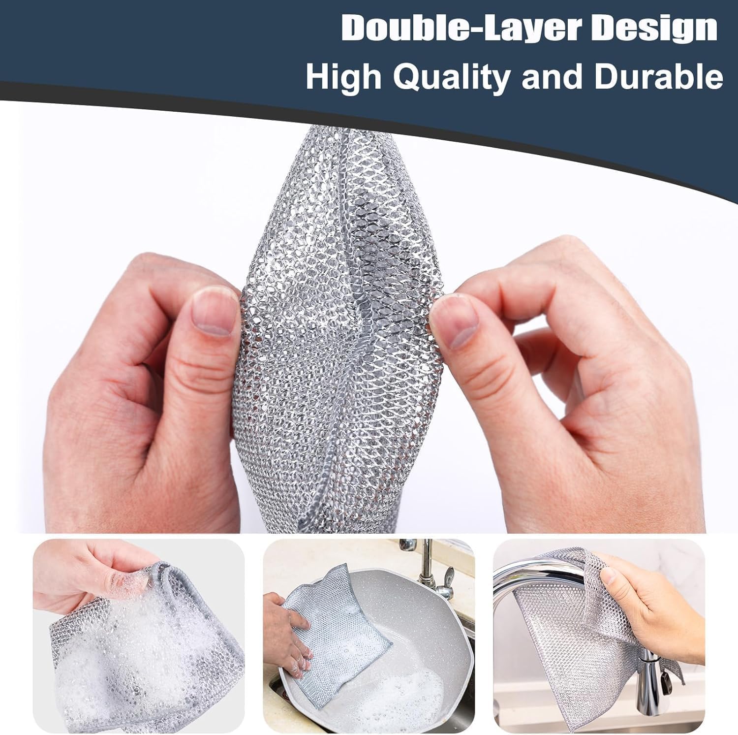 AKRIZA 20Pcs Multifunctional Non Scratch Dish Wash Cloth Double Layered Steel Wire Dishwashing Rags for Wet and Dry Stainless Steel Scrubber for Utensils Kitchen Accessories Items Cleaning Supplies 2