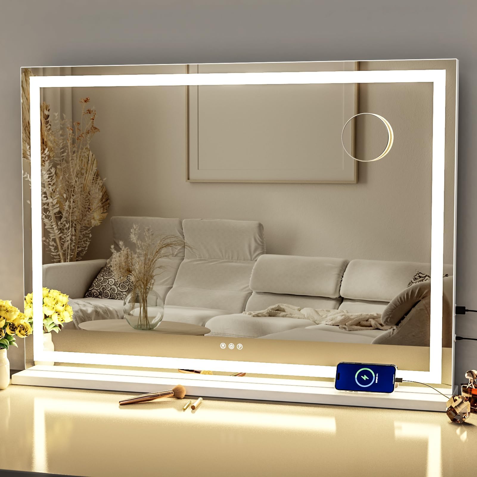 Gvnkvn Makeup Vanity Mirror with Lights 32" x 24" Large LED Makeup Mirror, Light up Mirror with 10X Magnification and USB Charging Port, Dimmable 3 Modes, Touch Screen Control Square Corner
