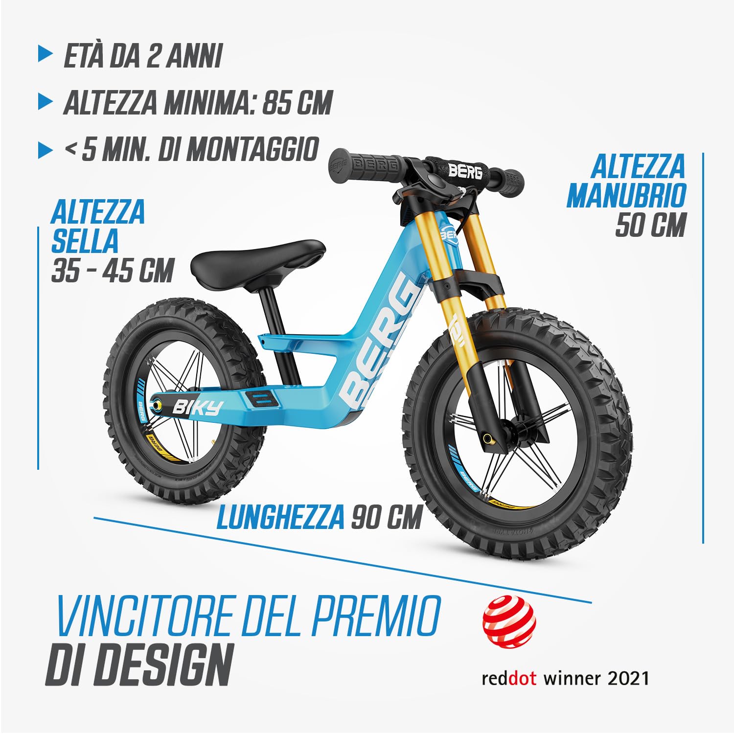 BERG Biky Cross - Bicicletta da 12 pollici, per ragazzi e ragazze dai 2 anni in su, con freno a mano, pneumatici ad aria, sella regolabile in altezza e telaio leggero in magnesio