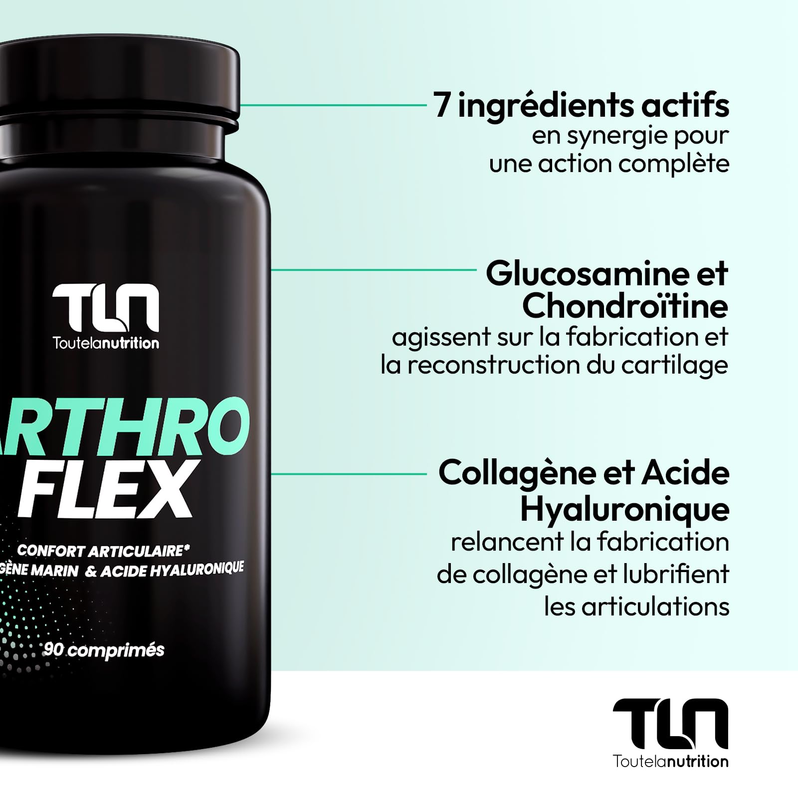 Arthro Flex | Articulations Douloureuses, Soulagement Rapide et Durable | Collagène, Glucosamine, Chondroïtine, MSM, Acide Hyaluronique | Souplesse, Flexibilité et Mobilité | 90 Comprimés | TLN