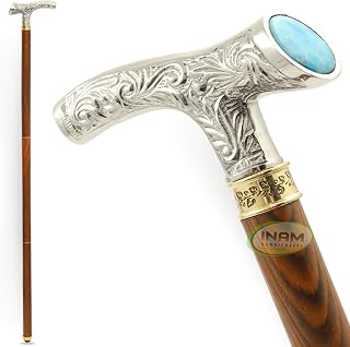 Wooden Walking Cane for Men & Women – 37” Natural Wood Stick T-Handle & Turquoise Stone – Handcrafted Derby Cane for Seniors, Collectors & Fashion Accessory