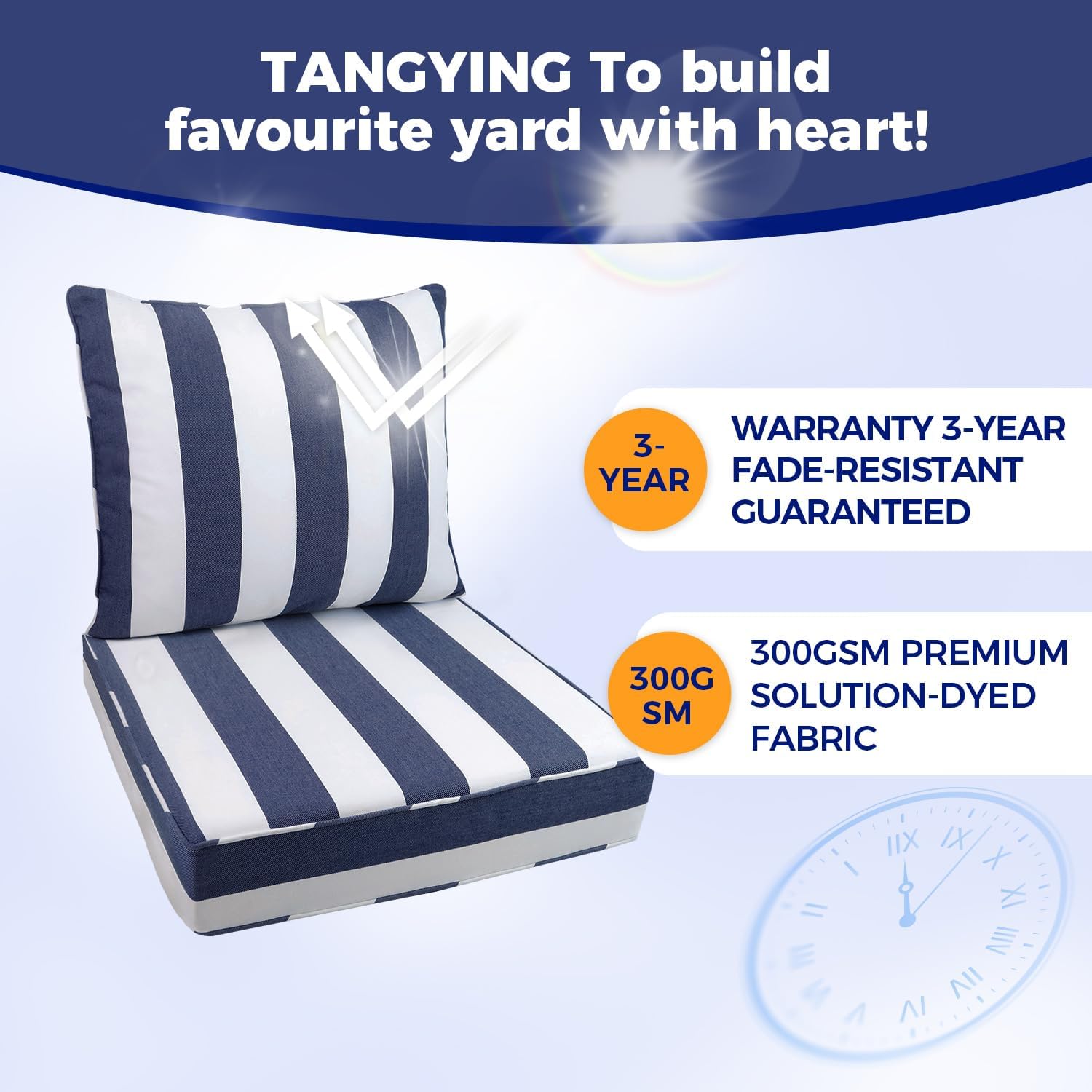 Outdoor Seat Cushion Set, 24 x 24, Rain-Proof & Fade Resistant, Patio Furniture Cushions with Deep Seat Bottom and Back, Removable Cushions for Chair, (Sapphire Blue Cabana Stripe)