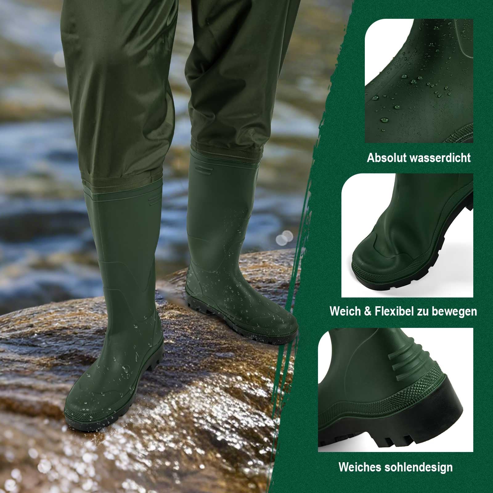 Goture Cuissardes de Waders Peche Homme Unisexe, 70D Nylon, Waders étanches pour la pêche avec Poche étanche, Chasse, Waders avec Pied de Botte, Poche étanche pour téléphone Portable, Vert