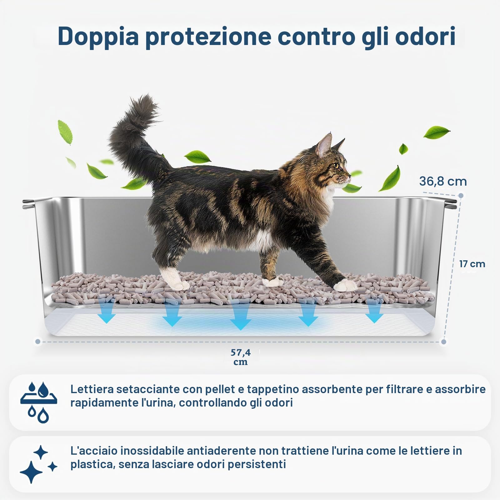 Cassetta XL per lettiera, chiusa, in acciaio inox, da 60,6 x 40,6 x 30,5 cm con coperchio, per lettiere in pellet di pino, lati alti per gatti grandi, anti-perdite, facile da pulire, meno dispersione