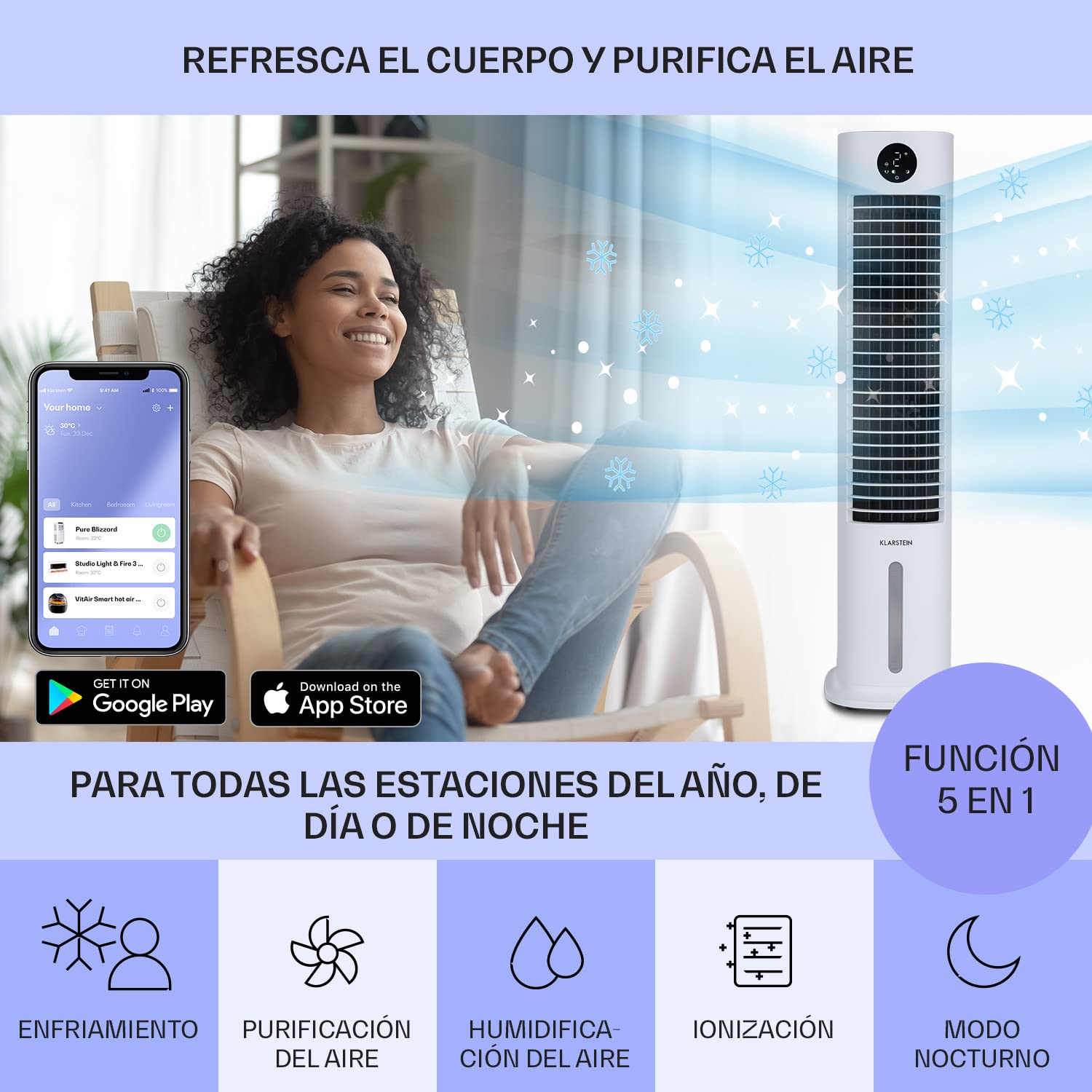 Klarstein Skytower Grand Climatizador Evaporativo – 4-en-1 Ventilador, Enfriador, Purificador & Humidificador, 480 m³/h, Wi-Fi & App Control, Depósito 8L, Oscilación, para Hogar Inteligente, Blanco