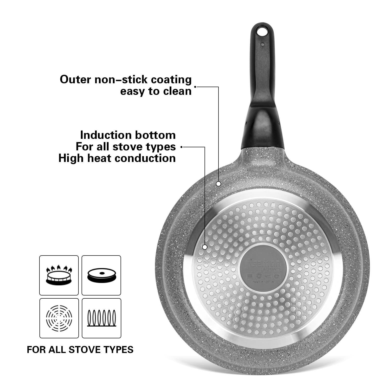 Fissman Bratpfanne, Aluminium mit Marmor-Beschichtung, abnehmbarer Griff mit rotem Druckknopf, Serie La Granite 26cm fry pan