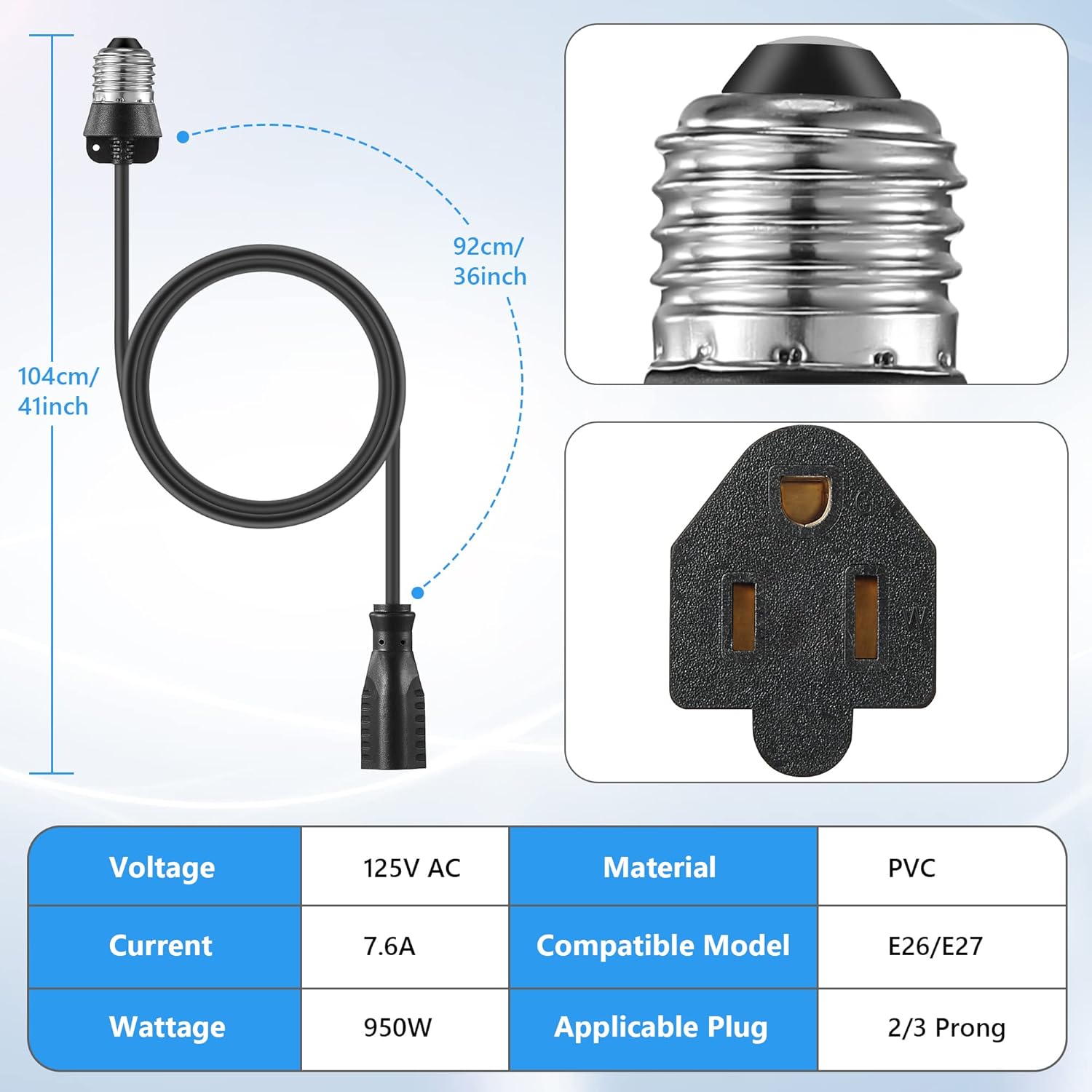 3 Outlet Light Socket Adapter, Convert E26/E27 Bulb Socket to 3 Prong Outlet with Extension Cord, Flexible Light Bulb Plug Converter Suitable for Indoor Outdoor Porch Garage Patio Use(Black,2 Pcs)