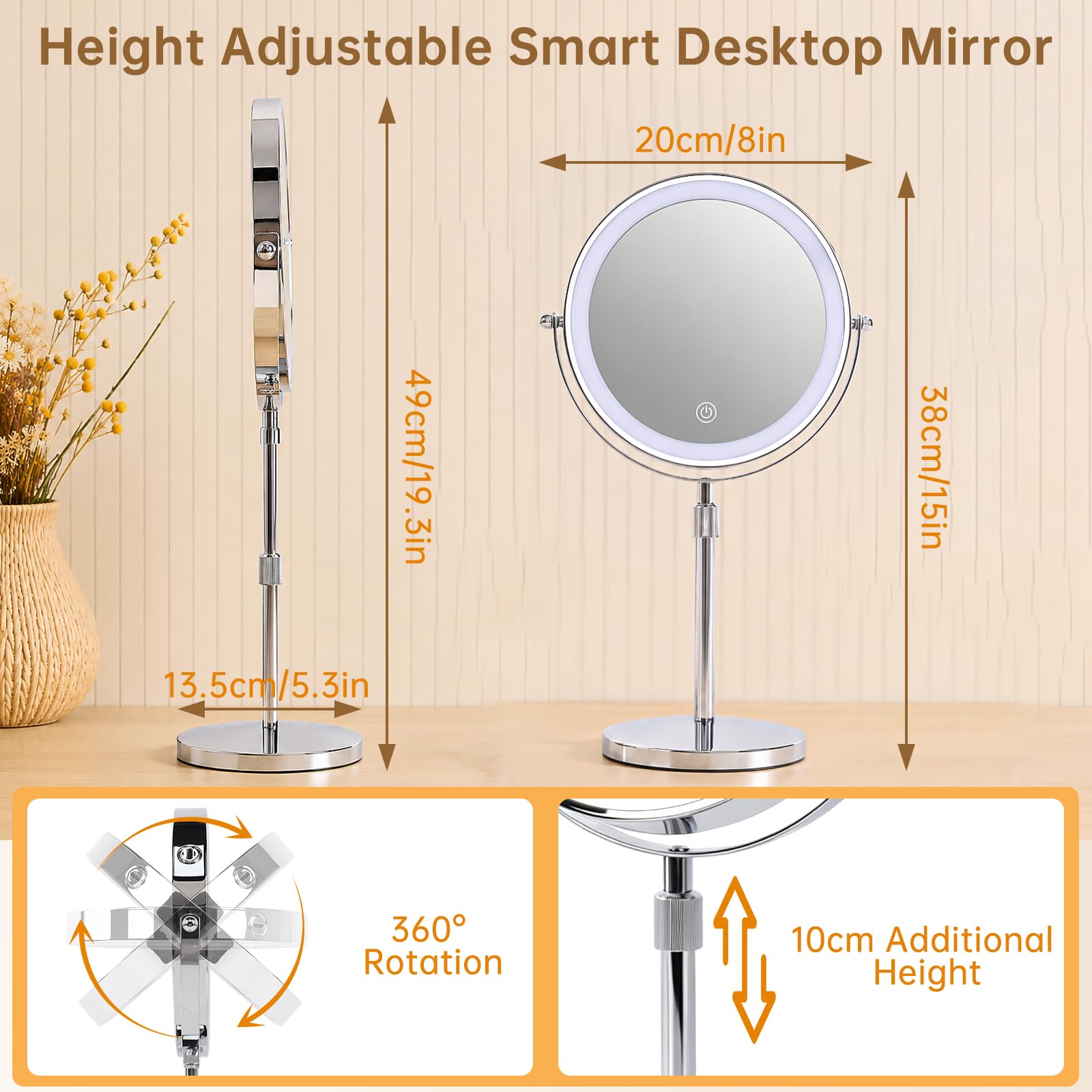 iklestar 20cm Mirroir Maquilleur Lumineux, 10x Rechargeable Miroir Grossissant Lumineux sur Pied, Portable LED Rond Miroir de Table avec Rotation à 360°,3 Couleurs Lumière, Argent