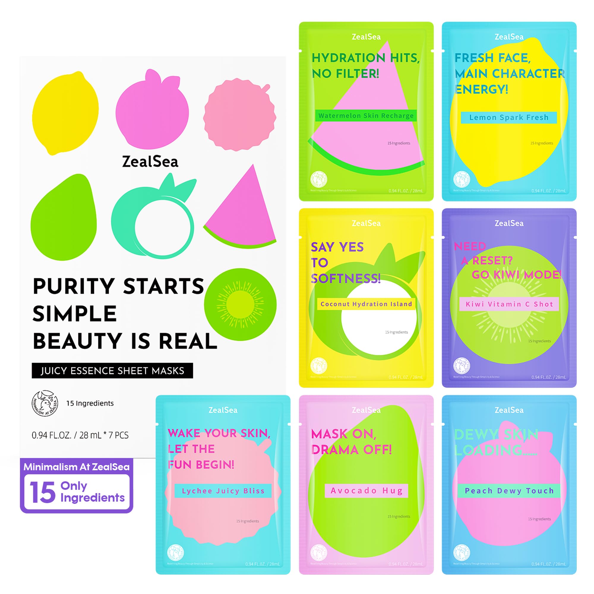 ZealSea Clean Beauty Face Masks Skincare, Minimalism 15 Ingredients Sheet Mask, Deep Hydration Facial Mask for Bouncy & Glowing, Sleepover Spa Party Supplies, Women Teen Girl Gifts Trendy Stuff, 7Pack