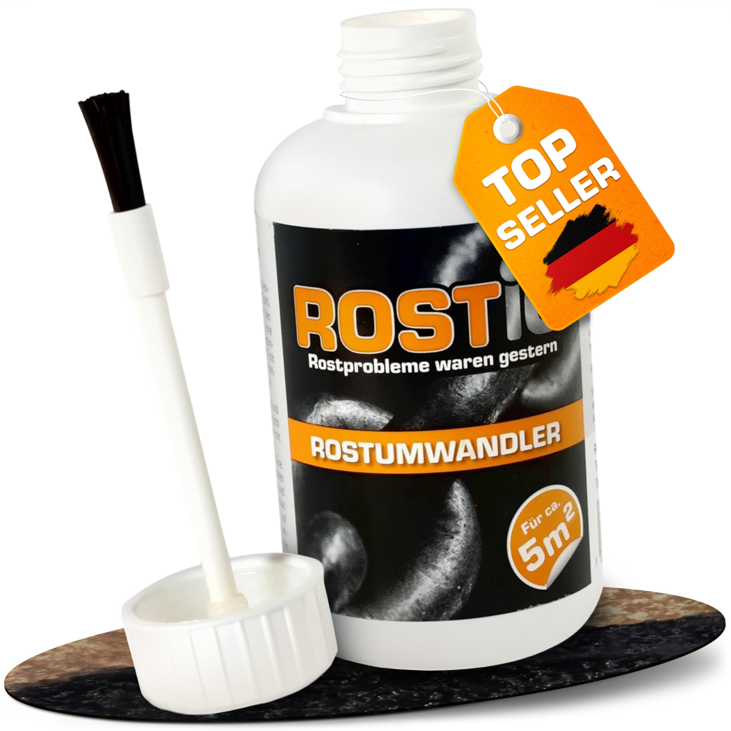 Rostio Rostumwandler 250 ml – Rostentferner mit Pinsel – Rostkonverter & Grundierung – für Auto, Stahl & Eisen – überlackierbar nach 6–8 h – kein Abwaschen – ergiebig bis 5 m²