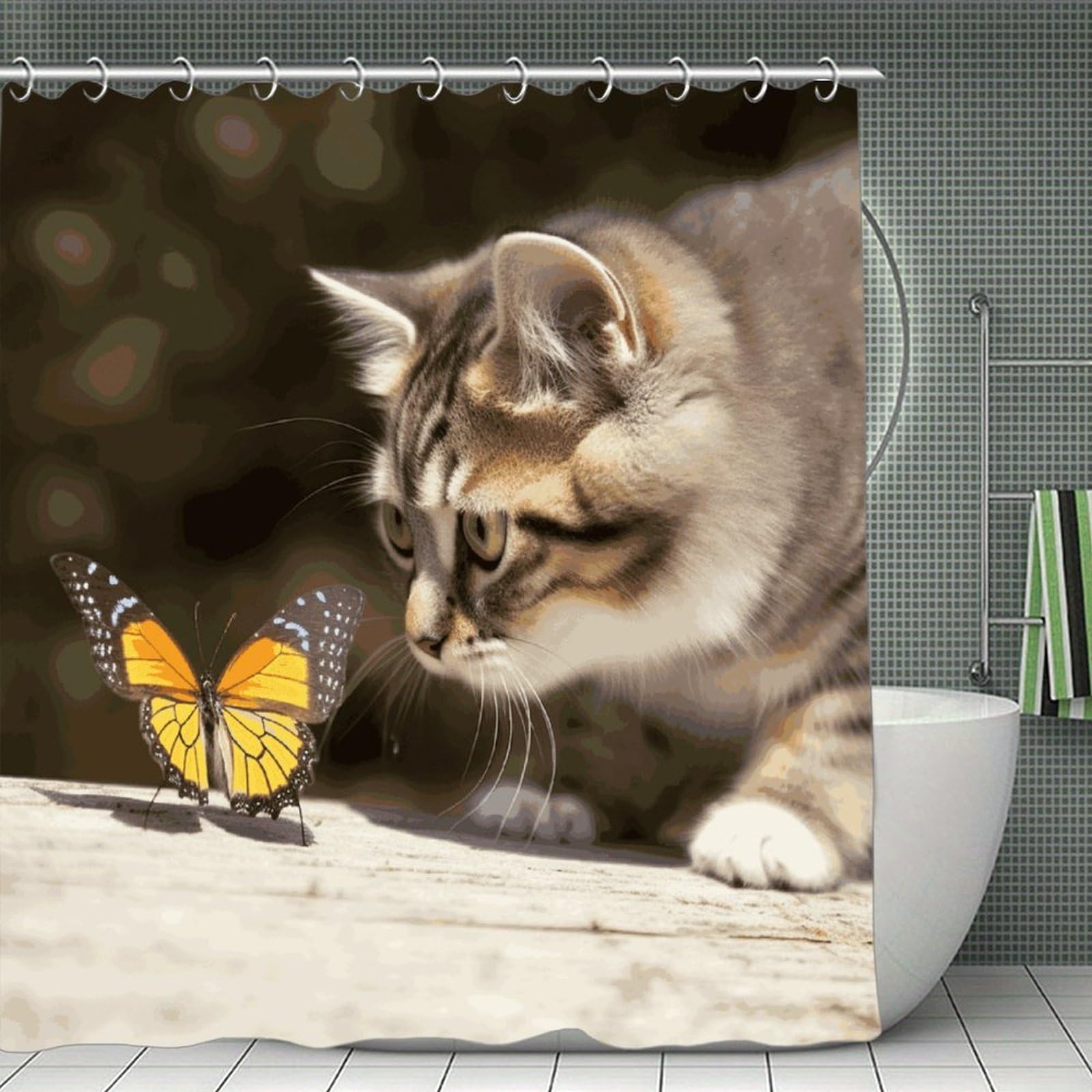 JTREHY Cat and Butterfly Shower Curtain Heavy Duty Waterproof Shower Curtain Elegant Modern Farmhouse Country Ultra Thick Bath Curtains Machine Washable Showers Curtains 70.8"x70.8"