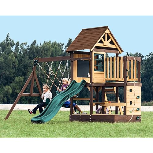 Dolphin Playground Wooden Swing Set with Playhouse & Sandbox, Cedar Backyard Playset 6FT Wave Slide, Glider, 2 Swings, Outdoor Table, Large Climbing Wall & Chalkboard for Kids Ages 3-10 Includes