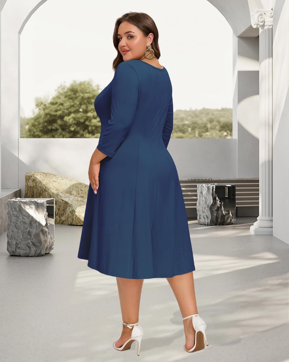 Moon Wood Women's Plus Size Midi Dress 3/4 Sleeve Crew Neck A-Line Flare Dresses with Pockets, Casual Dreses Daily Wear - Image 6