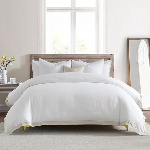 Miniatura 7 de CozyQQ Funda de edredón 100% lino, lino belga lavado natural, transpirable, suave, 3 piezas, funda de edredón King con cierre de cremallera, 8 lazos