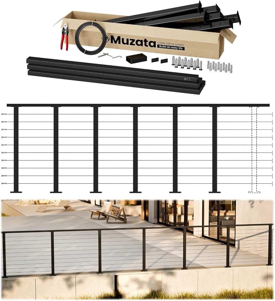 Muzata 20-24ft Modular Black Cable Railing Kit with Handrail 36 Inch RW01