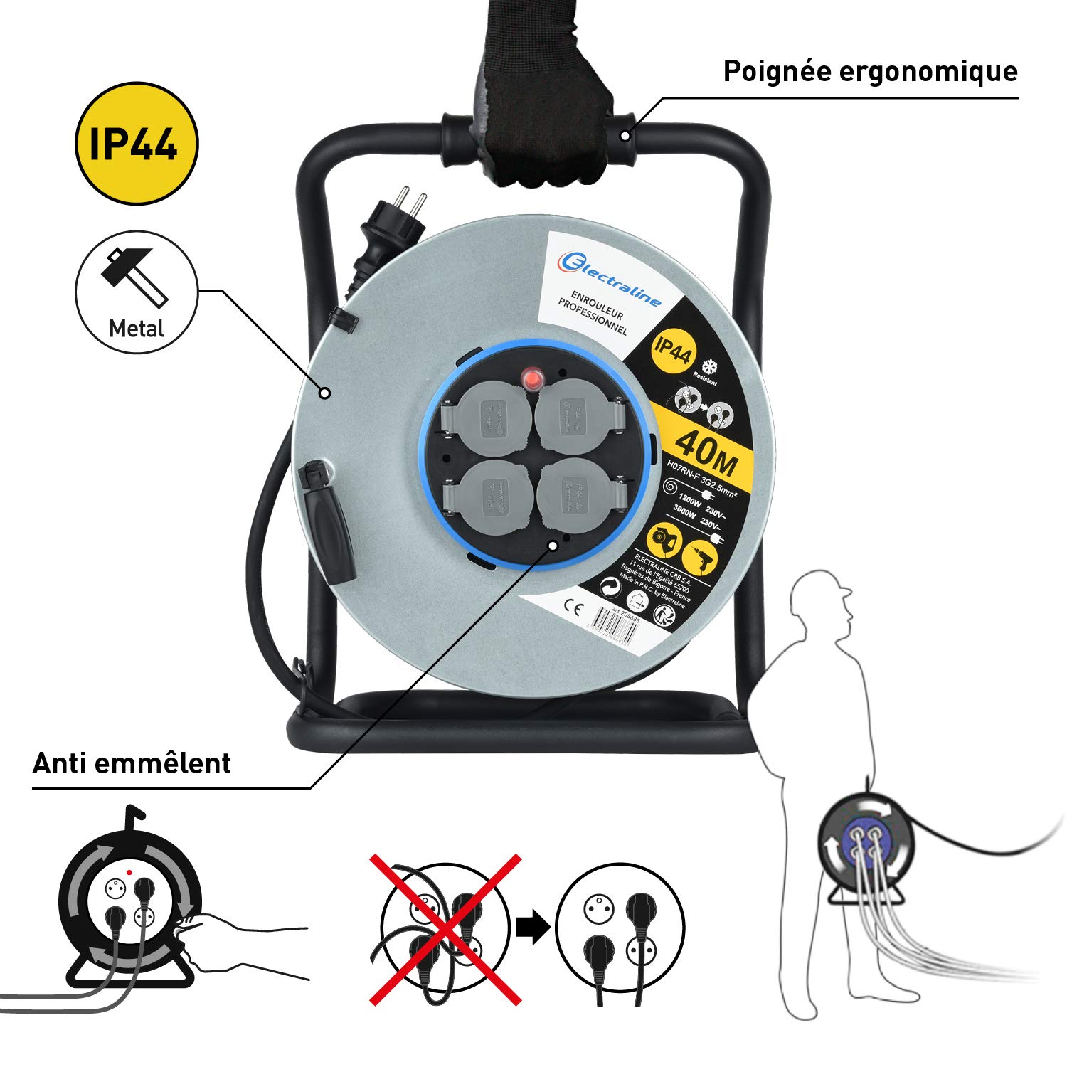 Electraline 208685 - Avvolgitore elettrico professionale impermeabile IP44 cåble 40 m in gomma 3G2.5m㎡ per cantiere in metallo, 4 prese con guida per il cavo, nero