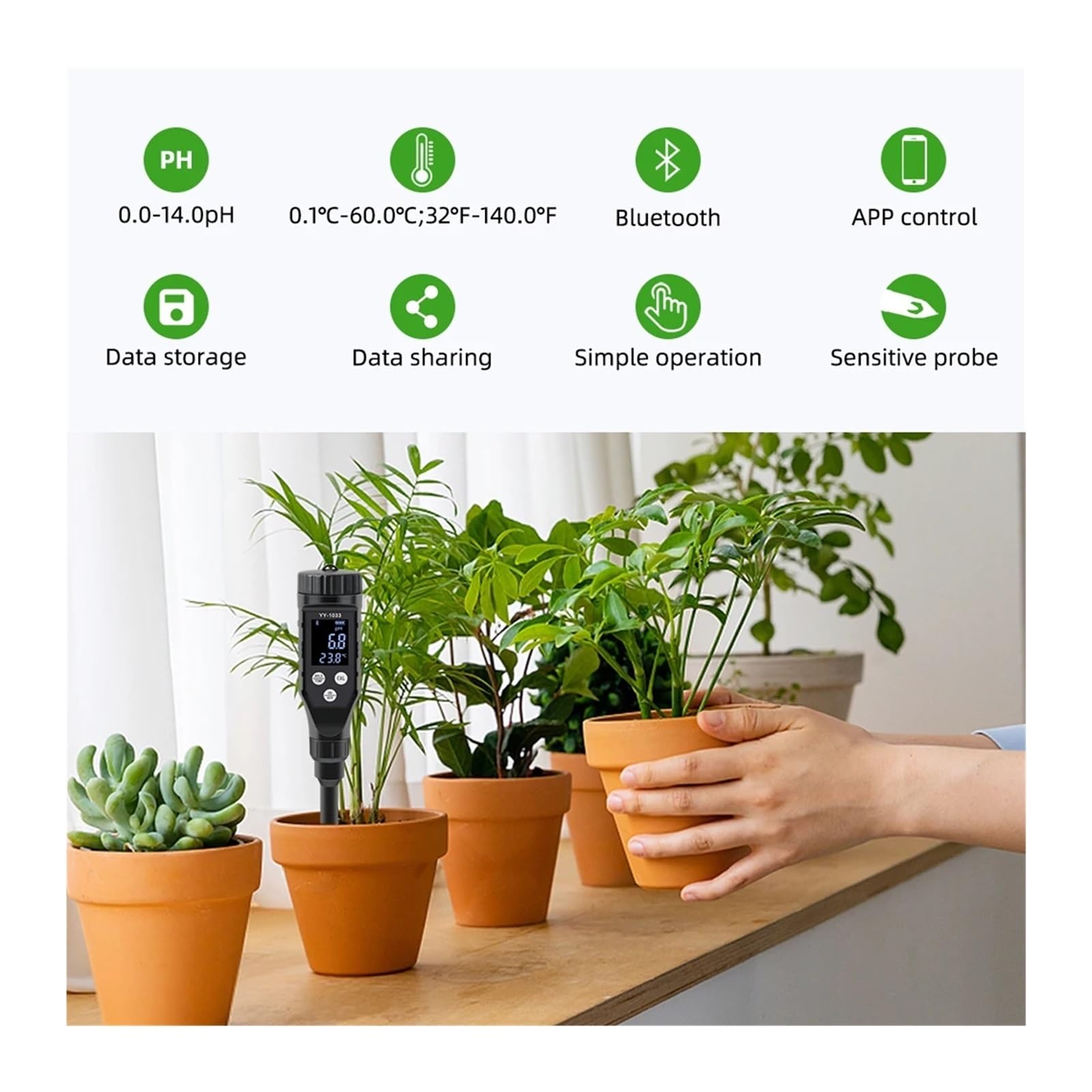 Intelintny miernik pH gleby 0,0~14,0 pH Bluetooth Tester gleby Rejestrator danych Analizator kwasowości temperatury do hydroponiki Sadzenie ogrodu Gospodarstwo rolne