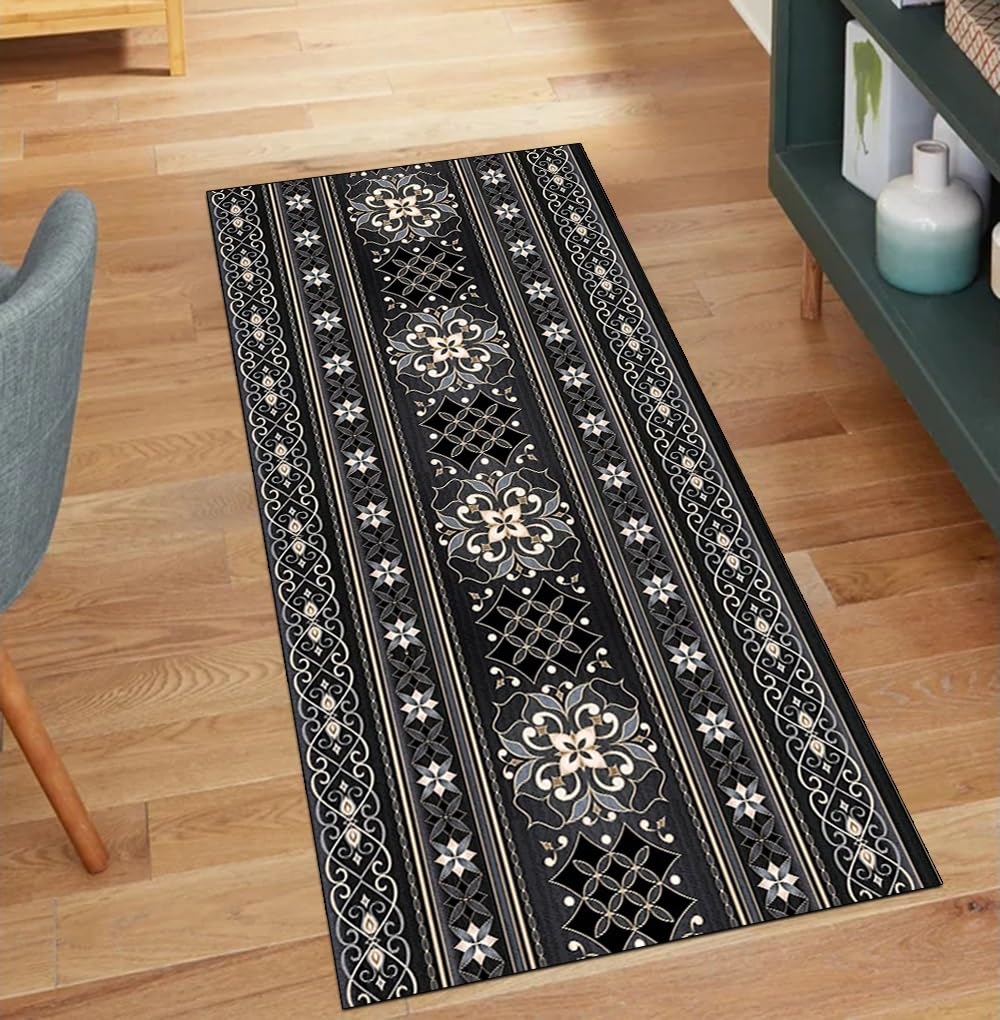 Alfombra pasillo de 60 x 220 cm antideslizante vintage negra