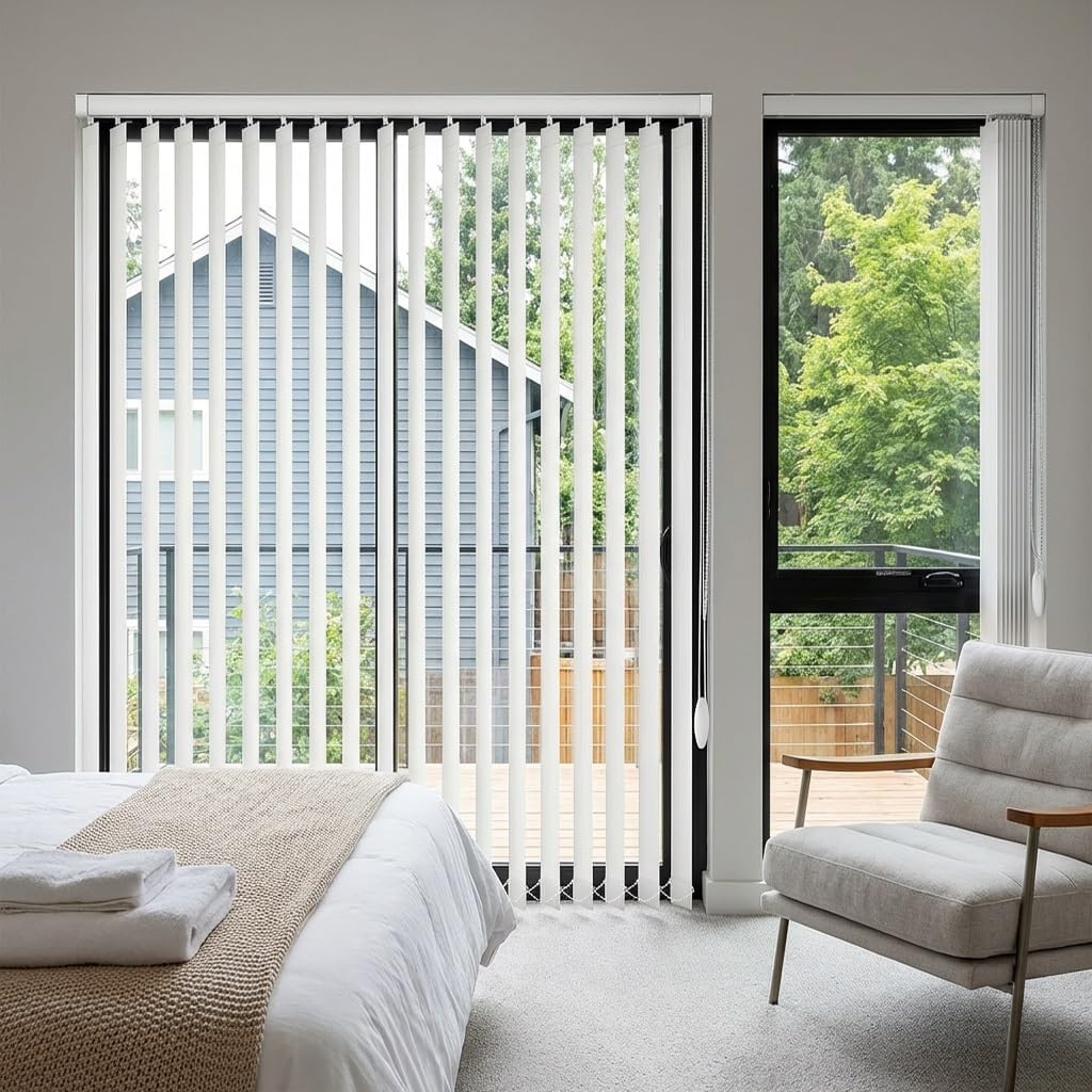 Vertical Blinds White Window Blind for Sliding Glass Doors & Indoor Windows 47" 51" 55" 59" 63" 68" 71" 83" 88" Cordless Light Filtering Fabric Blackout Patio Door Divider Blind(63" W x 78" H)