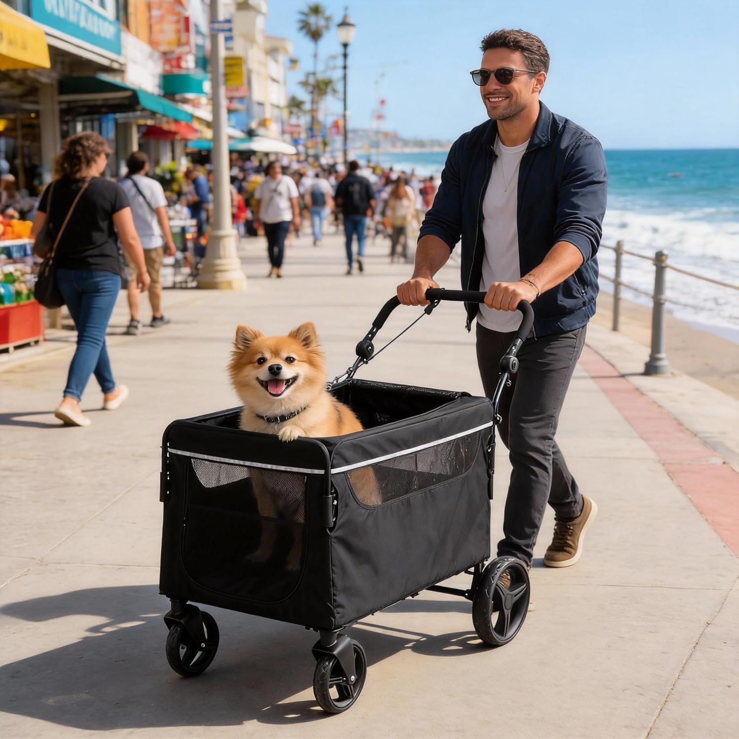GarveeLife Passeggino per cani 2 in 1, pieghevole, per cani e gatti di grandi dimensioni e medie dimensioni, con finestre a rete, supporto per bevande, manico regolabile e ruote a 360°, fino a 50 kg