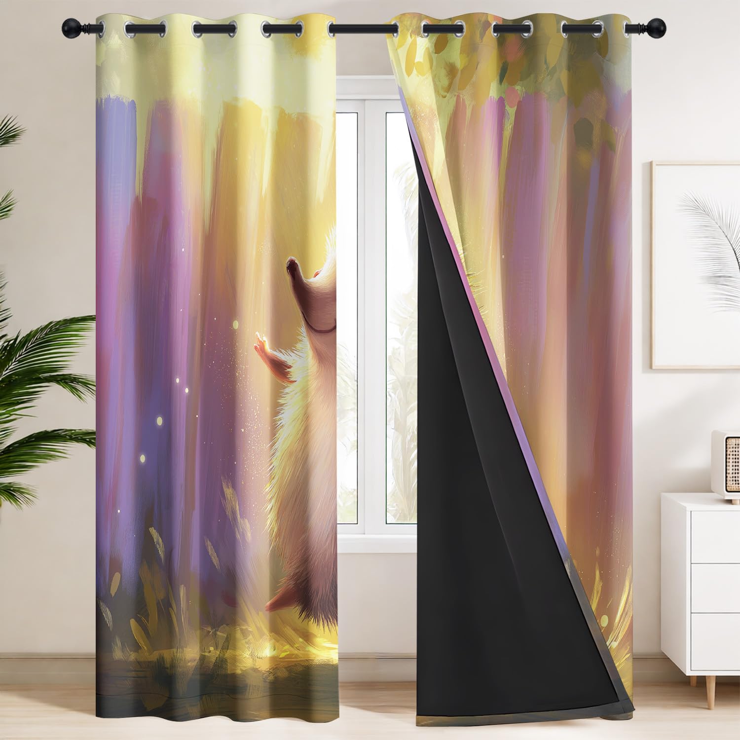 Tenda Oscurante Giallo con Motivo Riccio Sorridente Sole Fiabesco Fantasy - 140x240cm 2 Pannelli - Termica Poliestere Tenda per Cameretta Neonato Stanza Bambini, Fiaba Per Bambini Tenda Poliestere