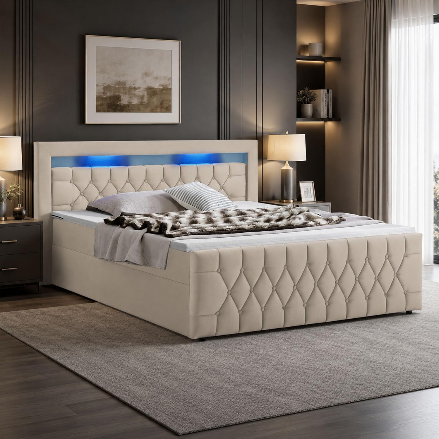 Juskys Boxspringbett Leona 140x200 cm – Beige Samt mit LED-Beleuchtung, Topper und H4-Federkernmatratzen