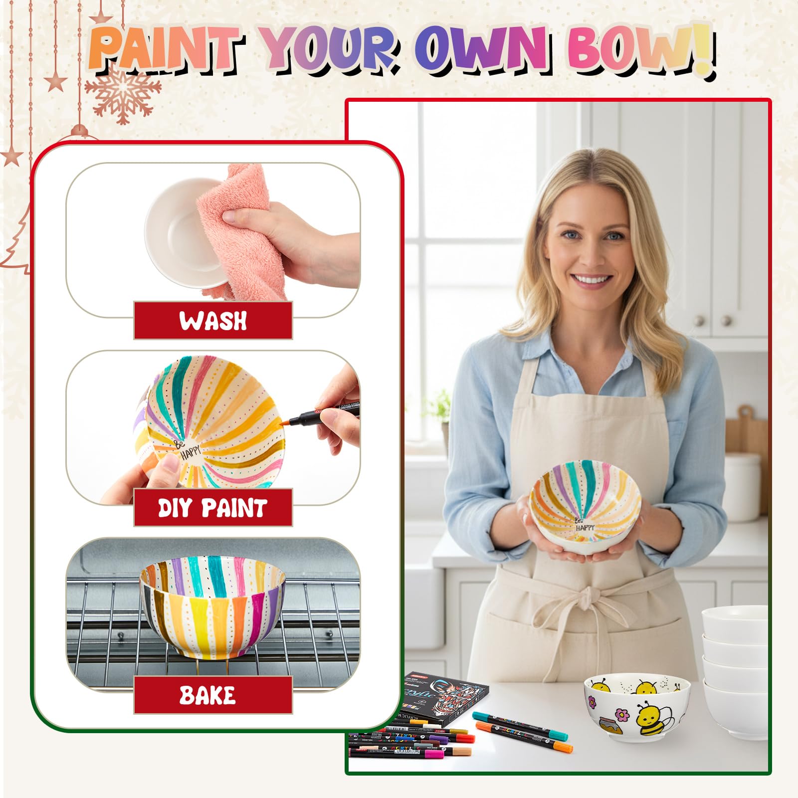 Sinmoe DIY Keramik Bemalen Set 12 in 24 Farben Porzellanstifte Spülmaschinenfest und 6 Keramikschale Keramikstifte mit Doppelspitzezum Bemalen und Verzieren von Töpferwaren, Keramik(Rand 11,7cm)