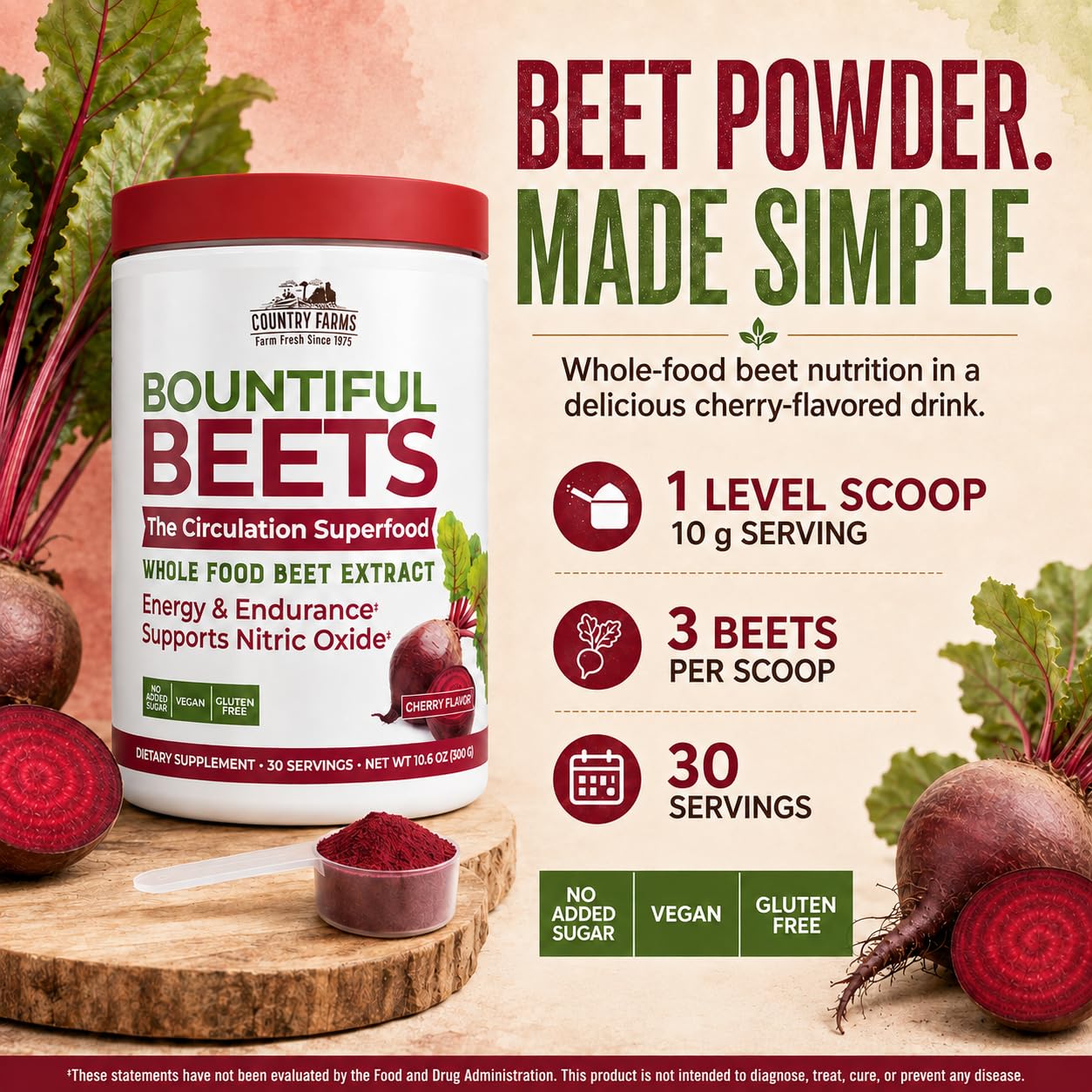 Country Farms Bountiful Beets, Wholefood Beet Extract Superfood, Helps Support Healthy Circulation and Promote Energy, Nitric Oxide Boost, Cherry Flavor, 30 Servings — Amazon image 2