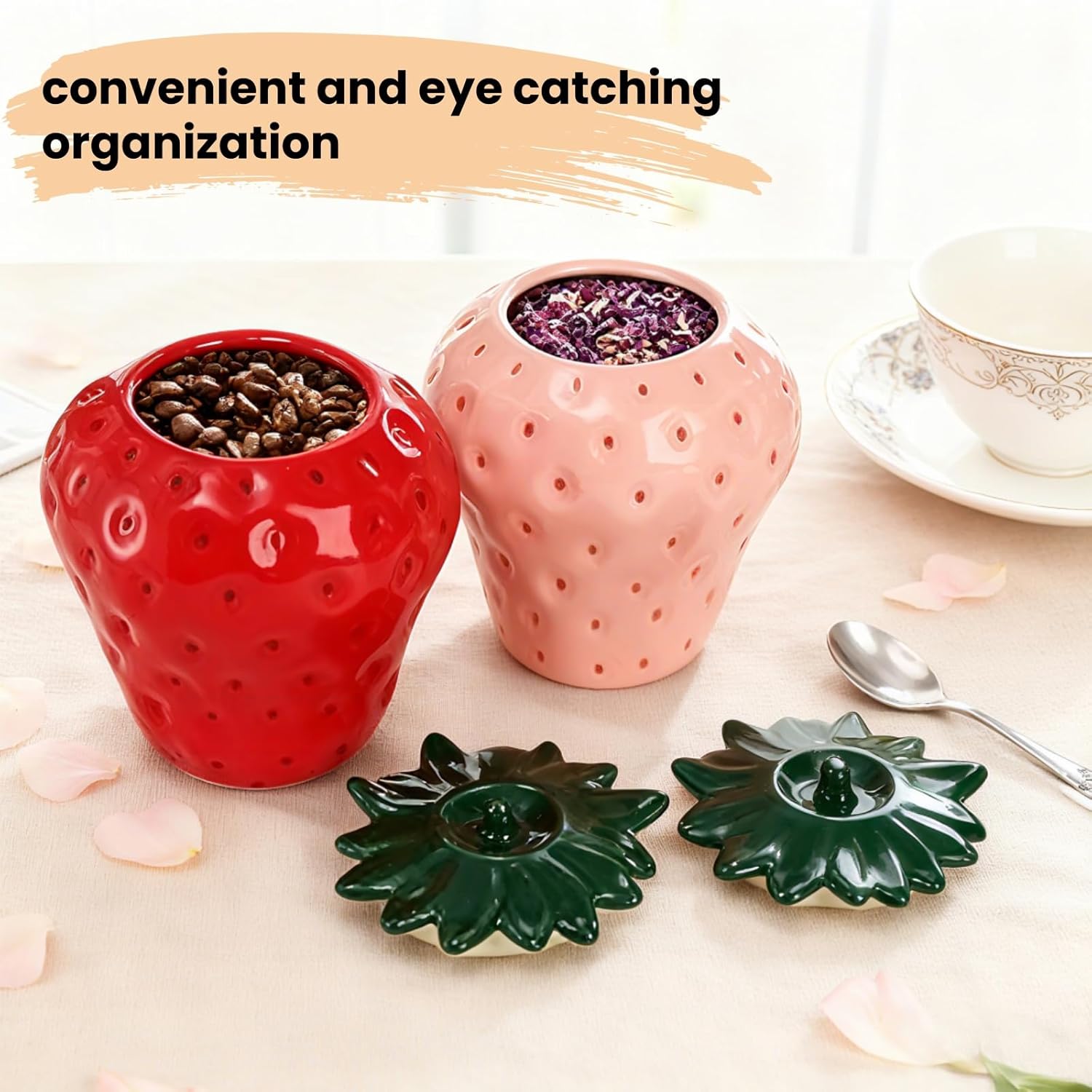Tlence 2 Pack Strawberry Storage Jars, 14 OZ Ceramic Cookie Containers with Airtight Lids, Cute Sugar Canisters Set, Candy and Coffee Bean Jar for Flour Nut Tea Spices Grains, Kitchen Farmhouse Decor