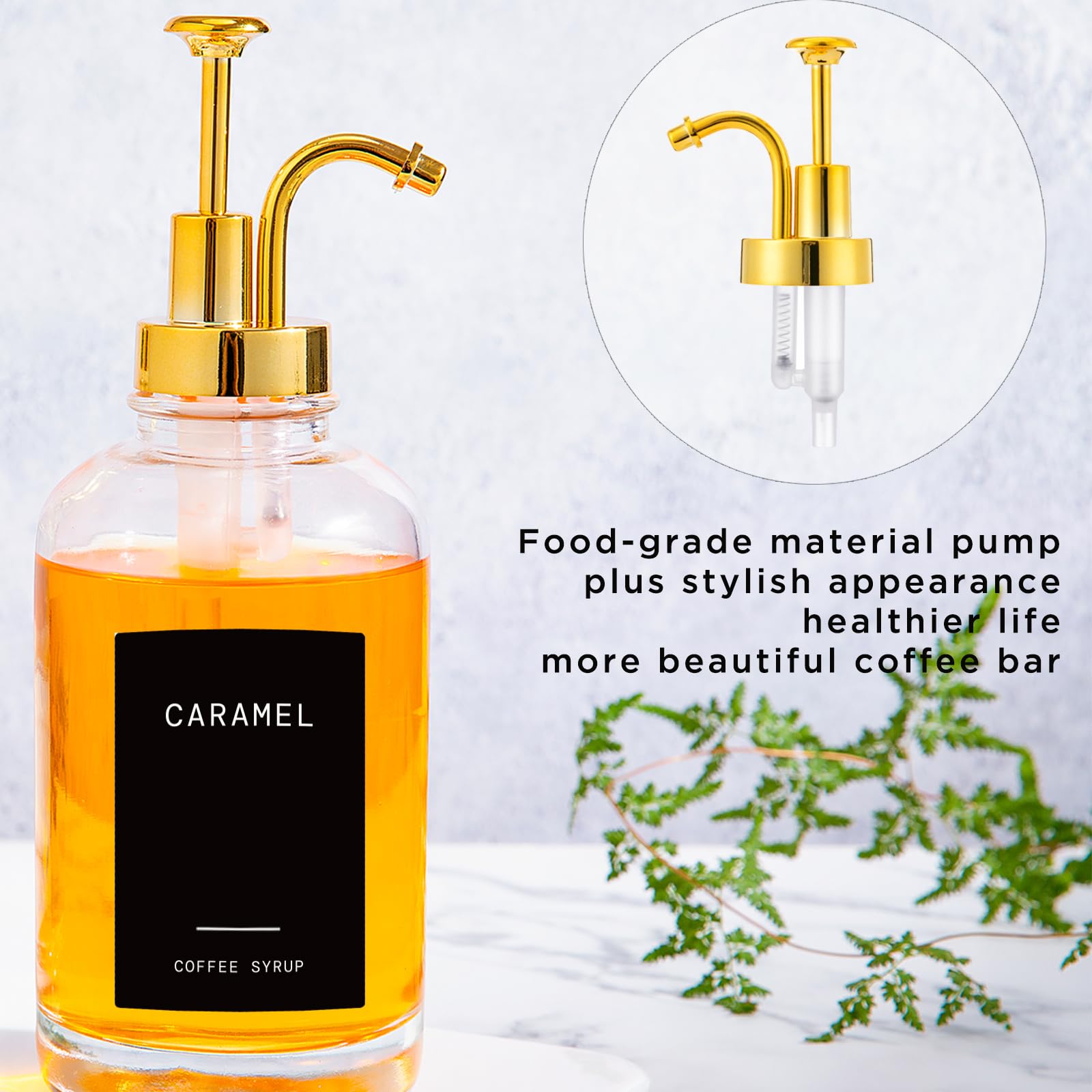 Lot de 2 distributeurs de sirop à café pour bar à café, distributeur à pompe à café avec étiquettes de sirop – Bouteille minimaliste en verre pour accessoires de bar à café– 500 ml (noir)