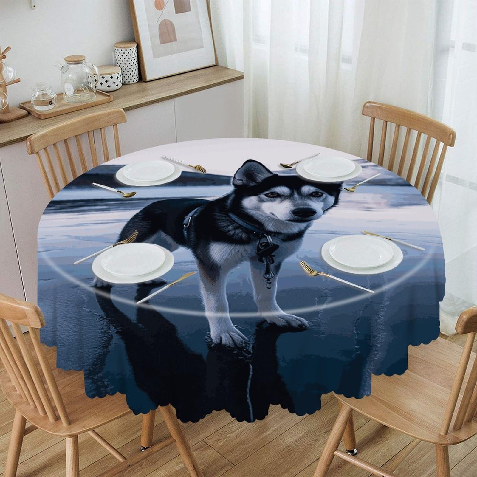 Btcowzrv Style Husky Dog On A Frozen Lake Polyester Round Tablecloth 59.84 Inch, Decorative Washable Table Cover, Table Cloth For Restaurant Picnic Indoor And Outdoor Dining