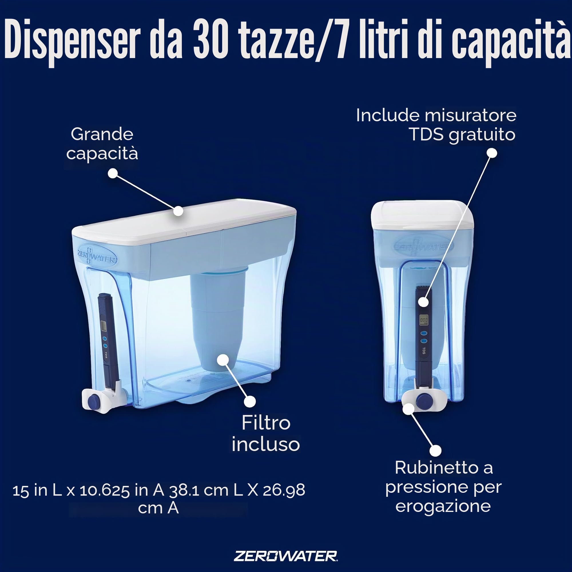 ZeroWater KC54962 - Distributore d'acqua da 30 tazze con filtro avanzato a 5 stadi + misuratore di qualità dell'acqua, 7,1 litri