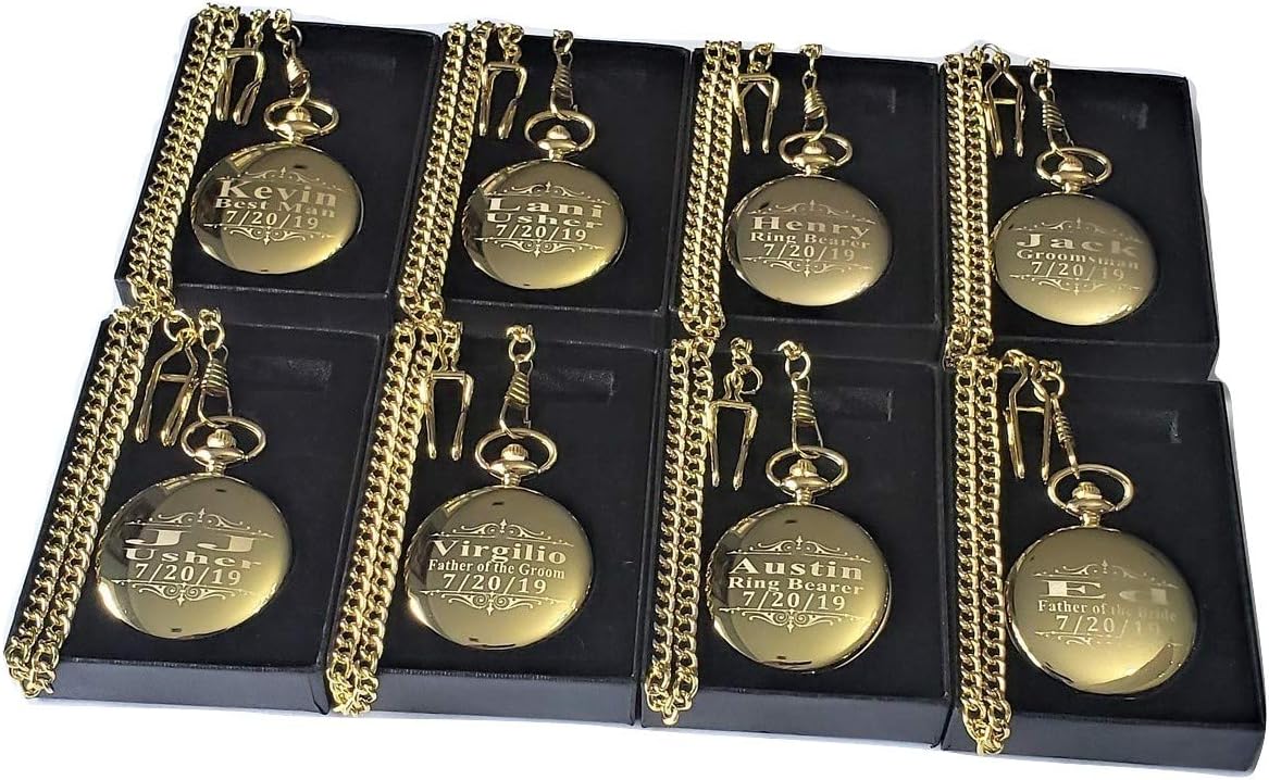 9 Engraved Pocket Watches Custom Fitted Box Included, Buckle Chain, Engraving Included. Pocket Watch, Battery Included, Assorted Colors Set of 9